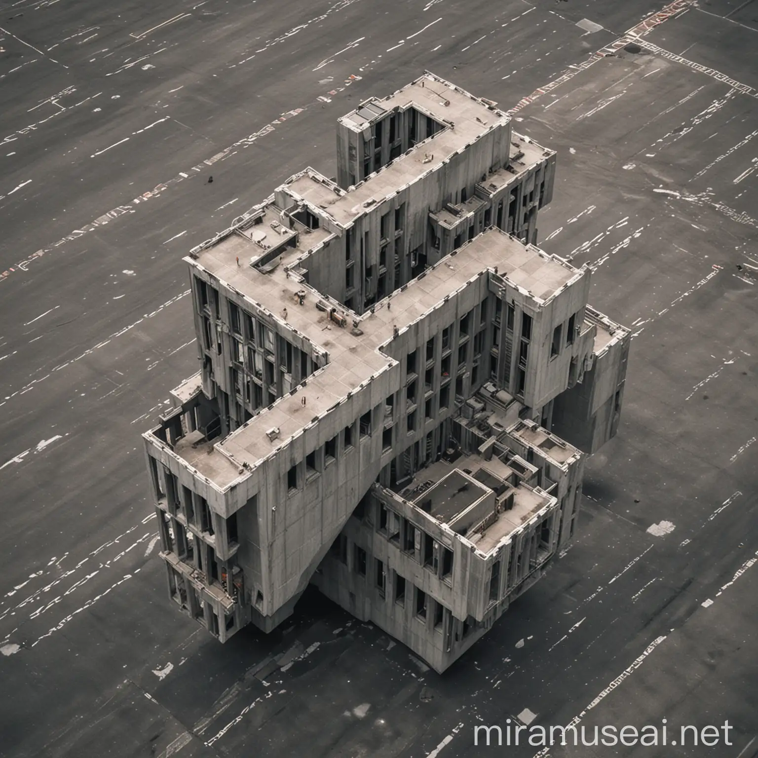 a single brutalist building, high-angle shot