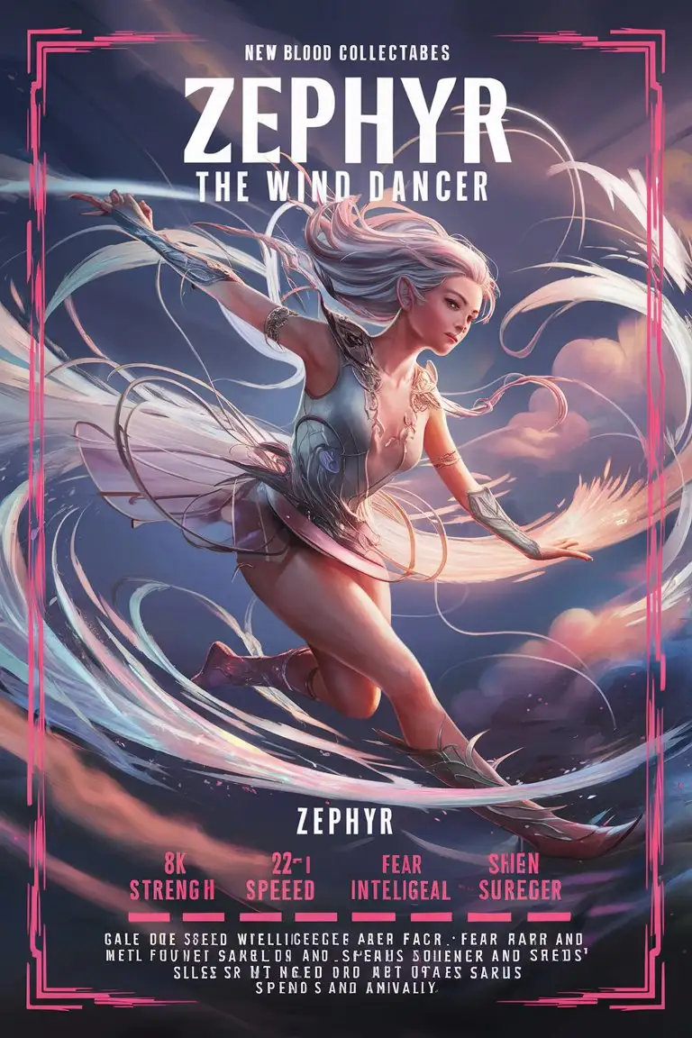  "Design an 8k business card with a bold title: 'New Blood Collectibles' featuring 'Zephyr, the Wind Dancer' and the 'Aero Kinetic.' Include a detailed 8k illustration with a kinetic border. Stats:
Strength: 6/1