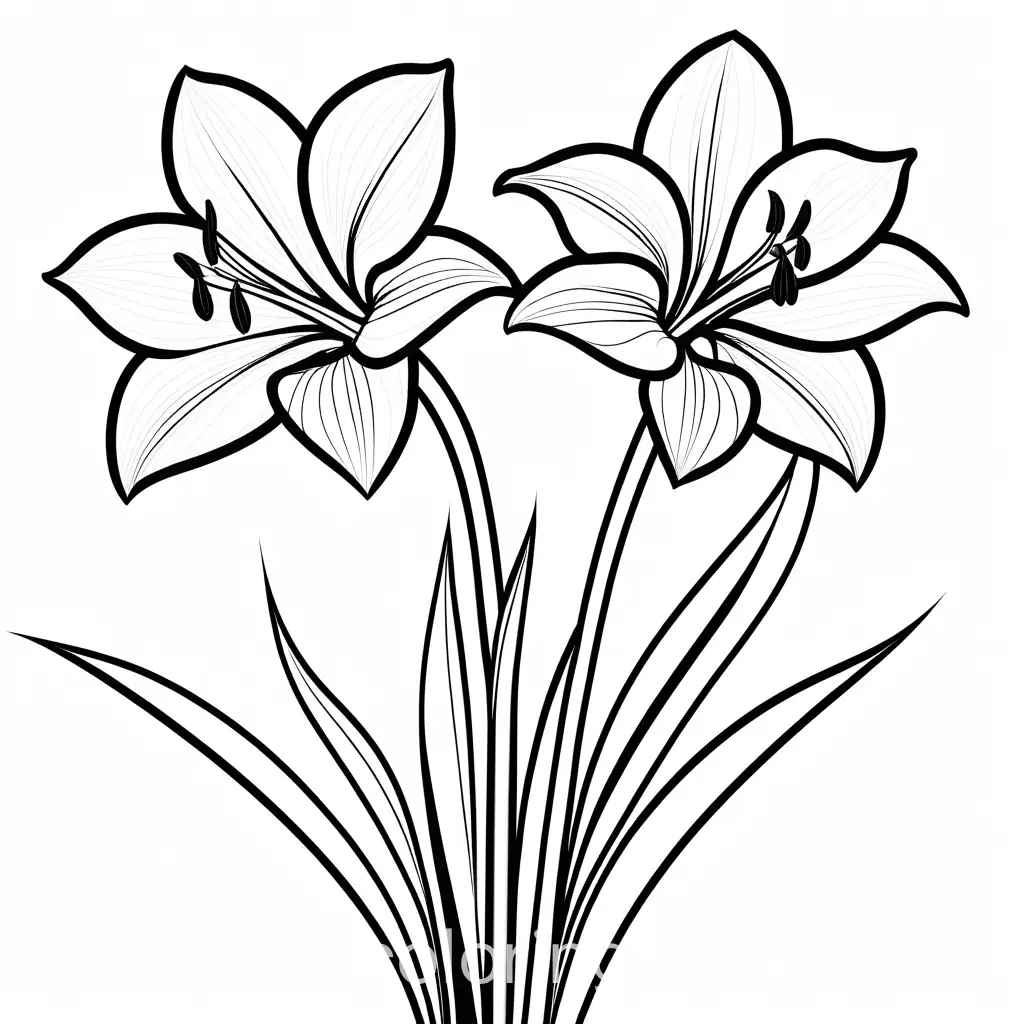 a cute Amaryllis  black and white for coloring book, Coloring Page, black and white, line art, white background, Simplicity, Ample White Space. The background of the coloring page is plain white to make it easy for young children to color within the lines, Coloring Page, black and white, line art, white background, Simplicity, Ample White Space. The background of the coloring page is plain white to make it easy for young children to color within the lines. The outlines of all the subjects are easy to distinguish, making it simple for kids to color without too much difficulty