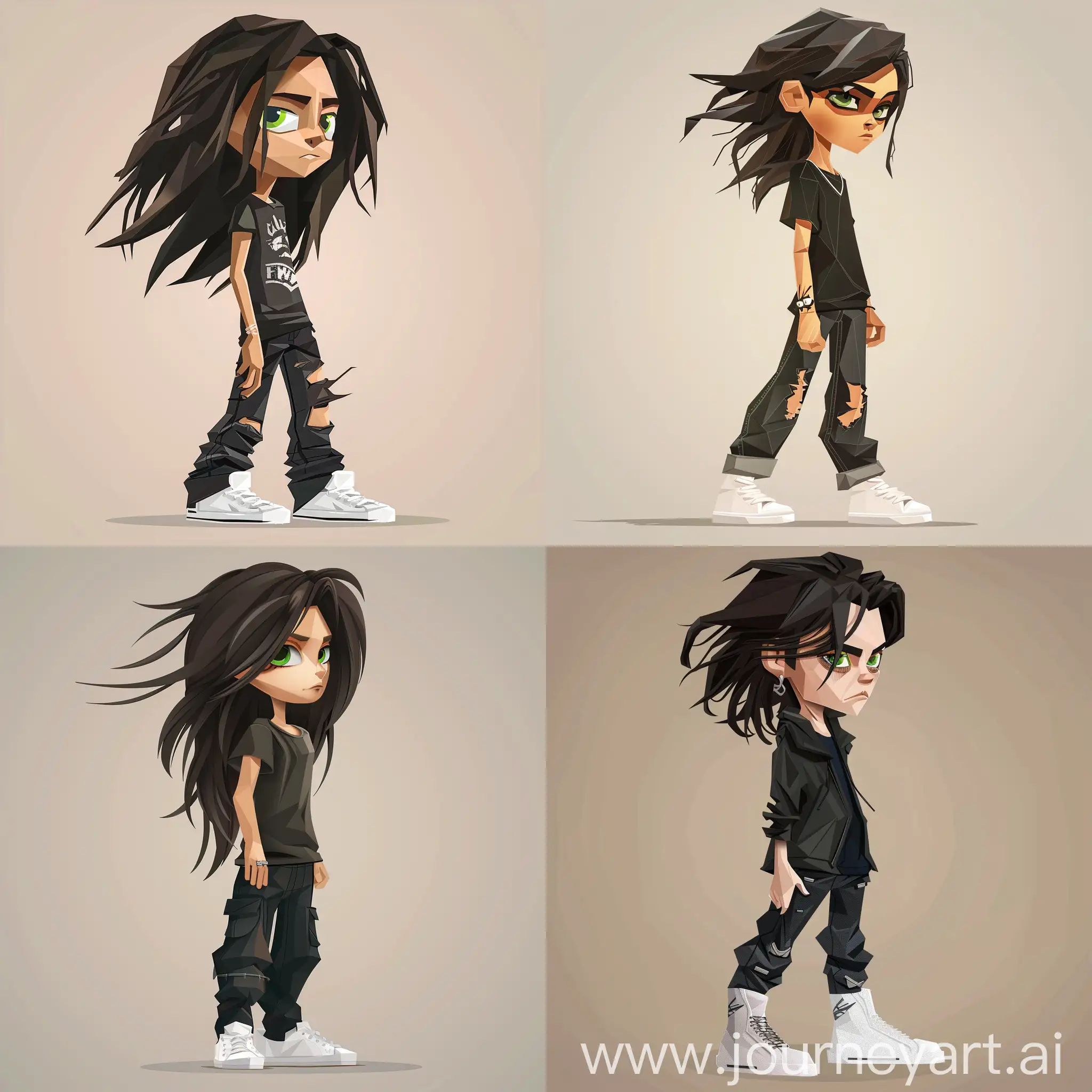 The cartoon depicts an emo boy, in a side and full-length dress, in black baggy jeans and white low-top sneakers. He has long dark hair, disheveled and unkempt, green eyes.do this in the form of a cartoon small polygonal 3D character in full height (the head is smoother and larger).

