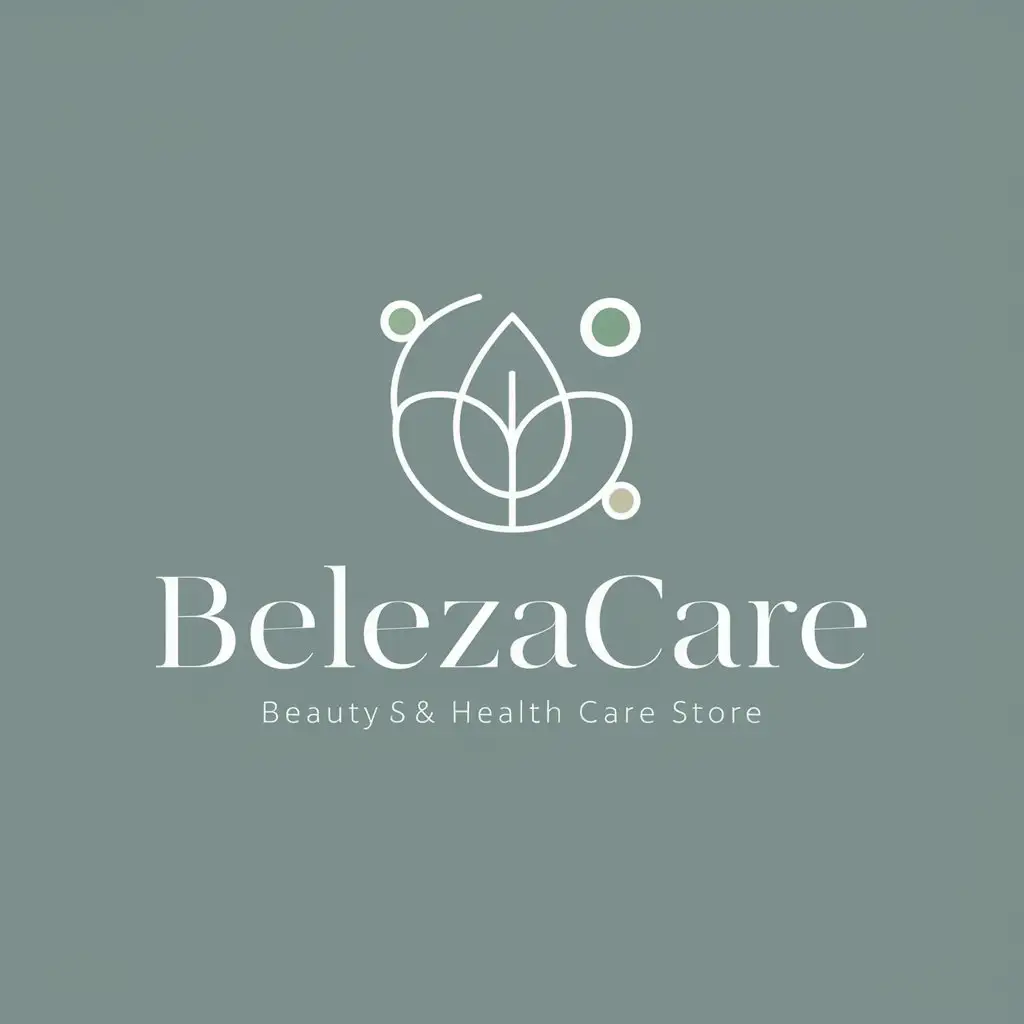 Create a simple, elegant logo for a beauty and health care store named "BelezaCare." The logo should reflect the themes of beauty, health, and wellness. Incorporate elements such as natural symbols (like leaves, flowers, or water droplets) and use calming, earthy colors (like green, blue, or soft pink). The design should be minimalistic yet visually appealing, with clean lines and a modern feel. Ensure the logo includes the store name "BelezaCare" in a readable, stylish font that complements the overall design.