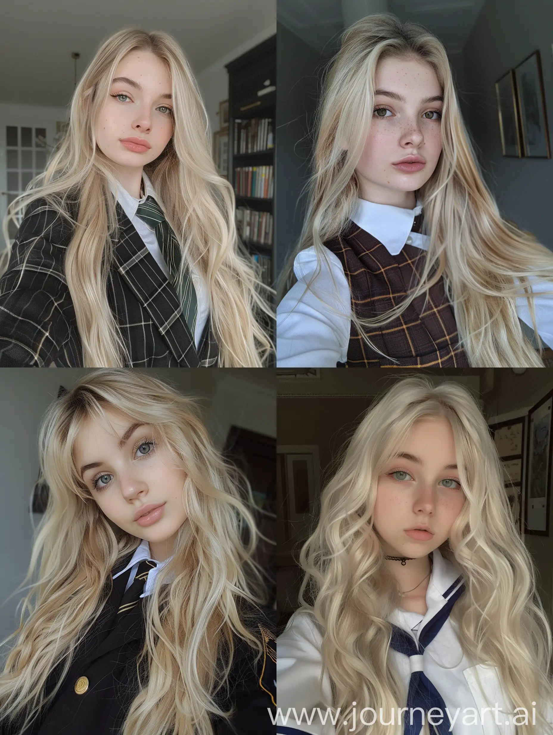 Young-Woman-Taking-Selfie-in-School-Uniform-with-Blonde-Hair