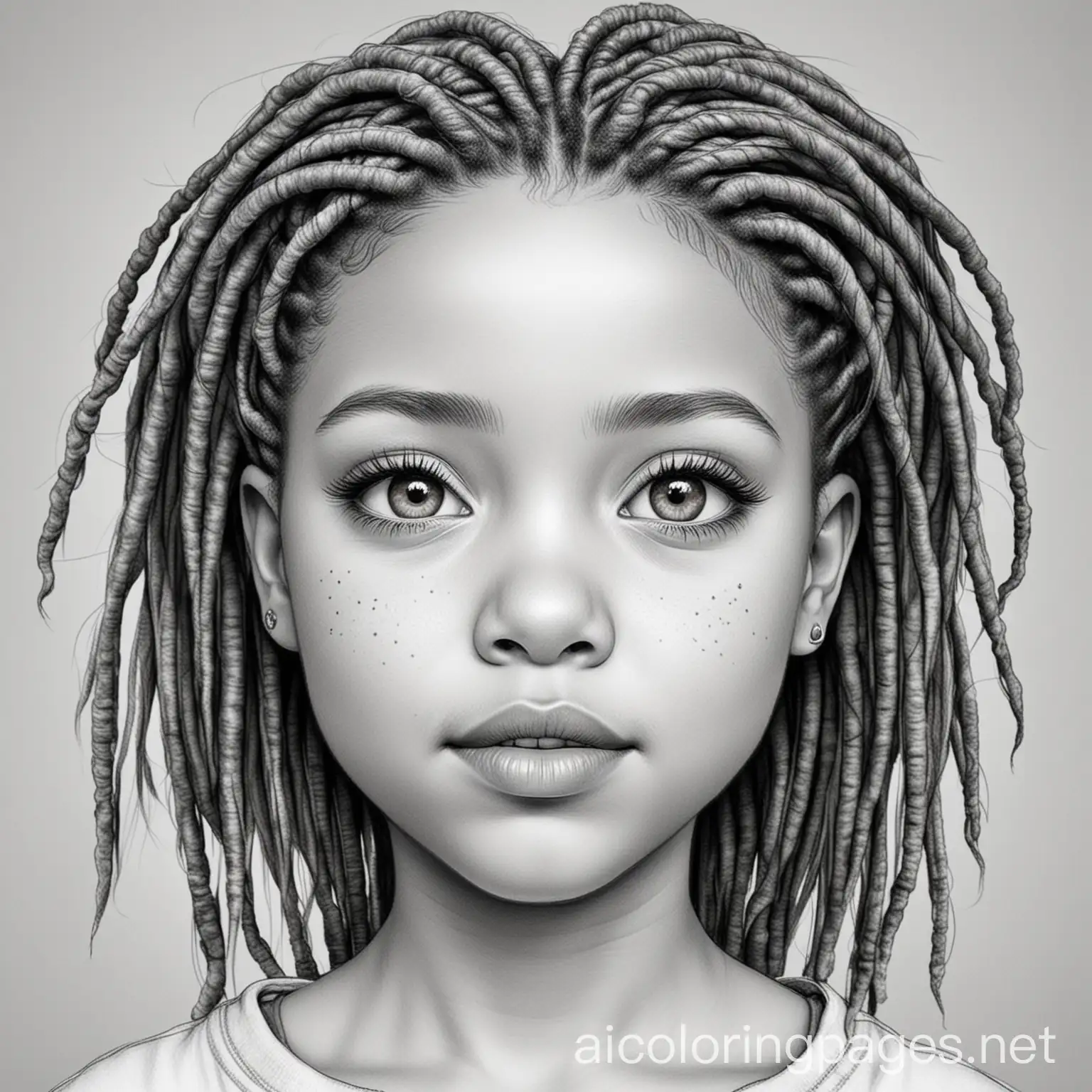 A black female with thin dreadlocks, semi thick eyebrows, face is a little fat, brown eyes, a baby face, she could past for being in her 20's staying in a dystopian futures where advanced technology coexists with societal decay, often focusing on themes of corporate power, urbanization, and human augmentation, black and white only, coloring page, no gray shading, Coloring Page, black and white, line art, white background, Simplicity, Ample White Space. The background of the coloring page is plain white to make it easy for young children to color within the lines. The outlines of all the subjects are easy to distinguish, making it simple for kids to color without too much difficulty