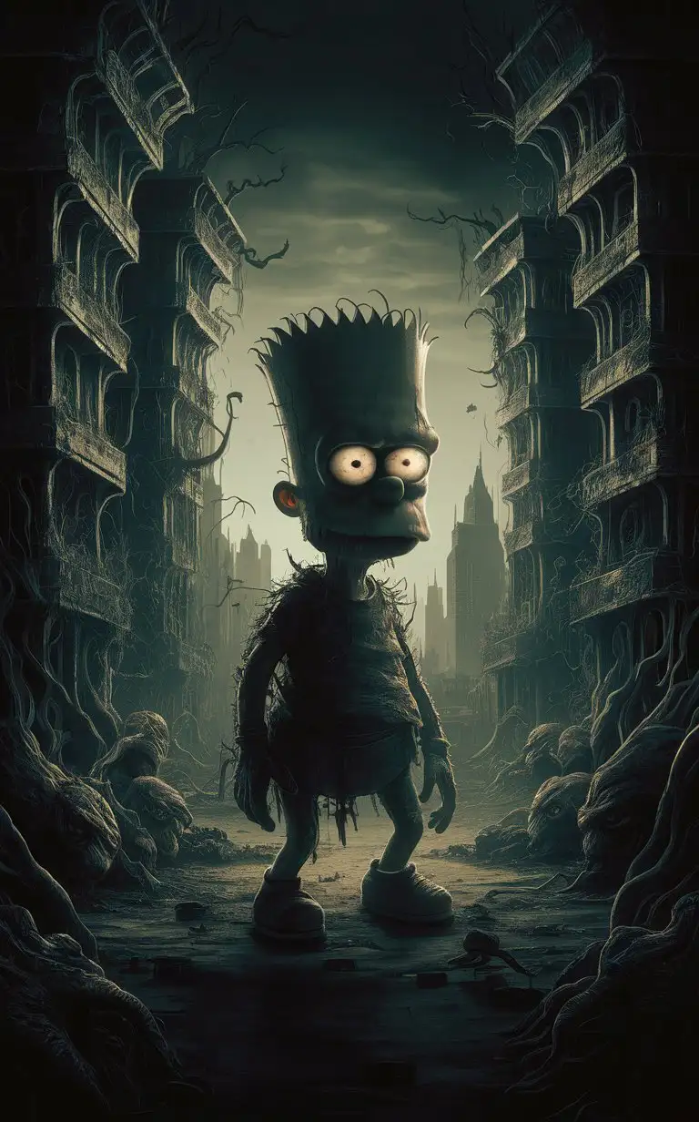 "Generate a chilling scene of desolation and decay, where shadows loom large and despair hangs heavy in the air. Picture a forsaken Bart Simpson shadow with big glowing eyes shrouded in perpetual darkness, where twisted forms and jagged edges evoke feelings of unease and dread. Populate the scene with haunting figures or grotesque creatures, their features distorted and menacing. Amplify the sense of isolation and hopelessness, with no signs of life or salvation in sight. Embrace the darkness and delve deep into the abyss of fear and discomfort."