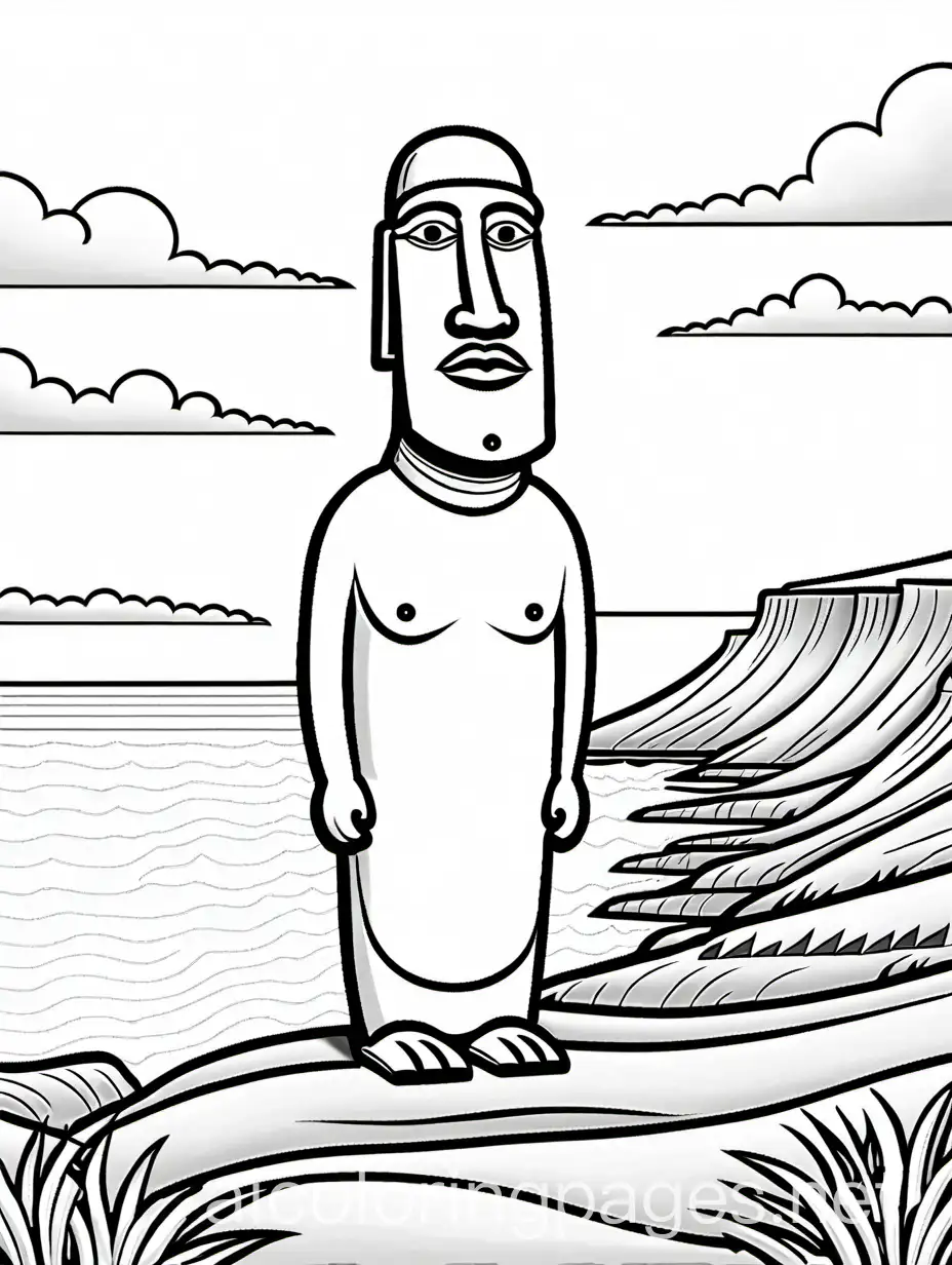 El Gigantee easter island Chile coloring book page, simple and clean line art, children's drawing book, black and white, crisp sharp lines, cartoon style, white background, Simplicity, Ample White Space. The background of the coloring page is plain white to make it easy for young children to color within the lines. The outlines of all the subjects are easy to distinguish, making it simple for kids to color without too much difficulty, Coloring Page, black and white, line art, white background, Simplicity, Ample White Space. The background of the coloring page is plain white to make it easy for young children to color within the lines. The outlines of all the subjects are easy to distinguish, making it simple for kids to color without too much difficulty