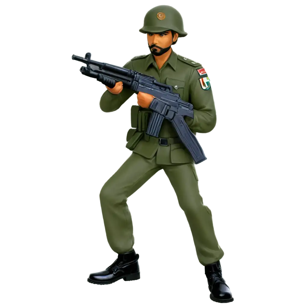 
Indian soldier full body of the 1990s aiming a gun stick figure like a toy