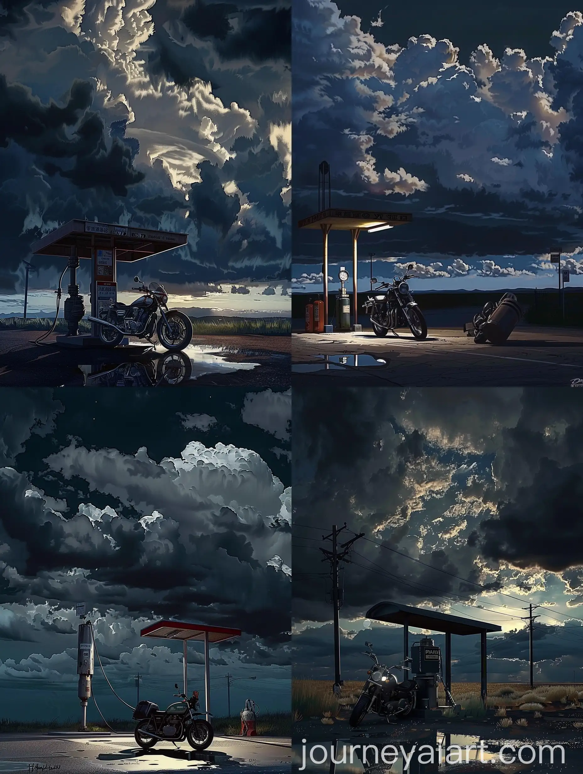 Motorbike-Resting-Under-Single-Petrol-Pump-Station-with-Dramatic-Sky