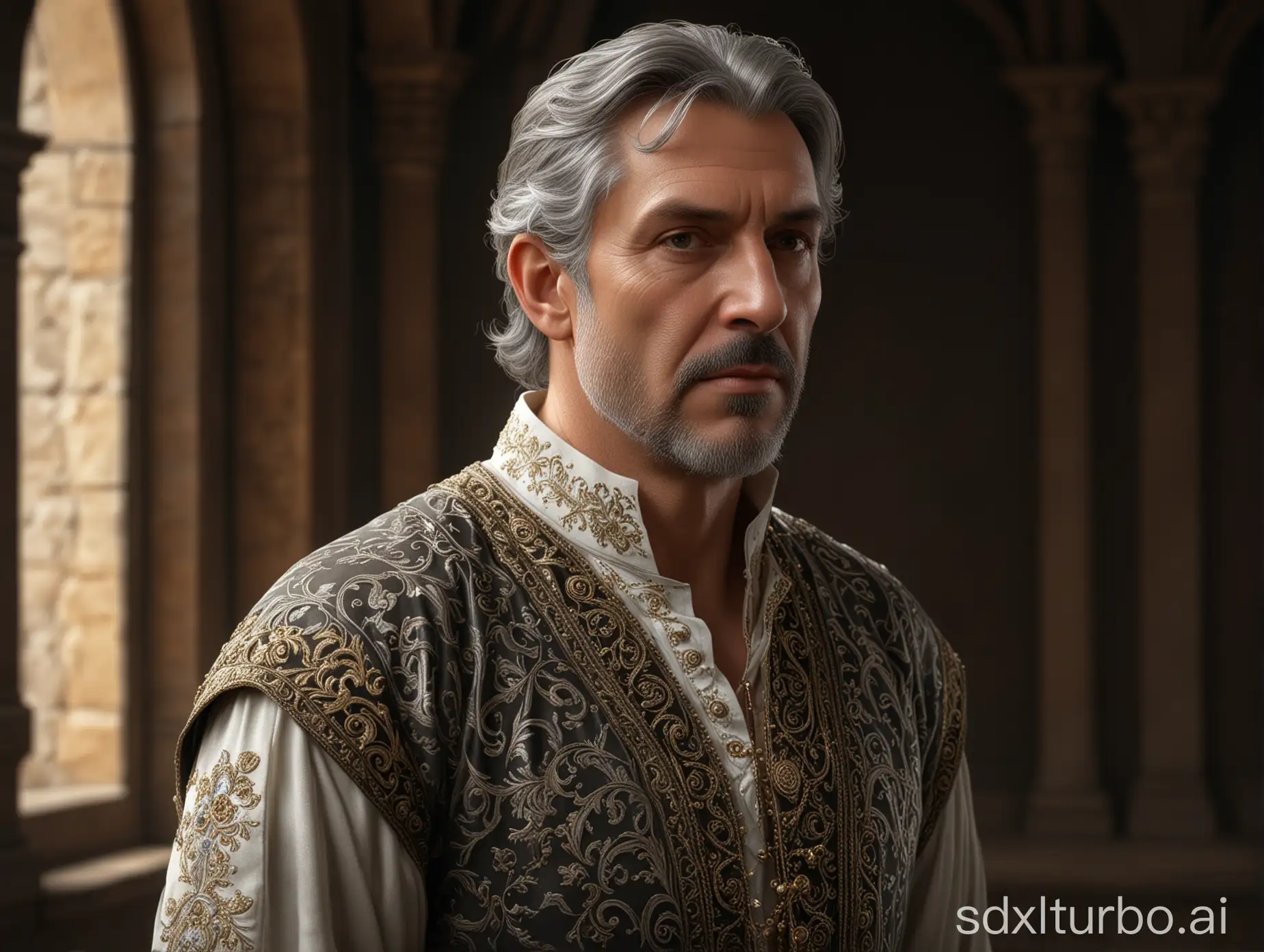 A handsome 45 years old king with mostly gray hair, dressed in a luxurious medieval camisole (((looks to the right))) ,  perfect composition, beautiful detailed intricate insanely detailed octane render trending on artstation, 8 k, photorealistic concept art, soft natural volumetric cinematic perfect light, chiaroscuro,  masterpiece, caravaggio, greg rutkowski