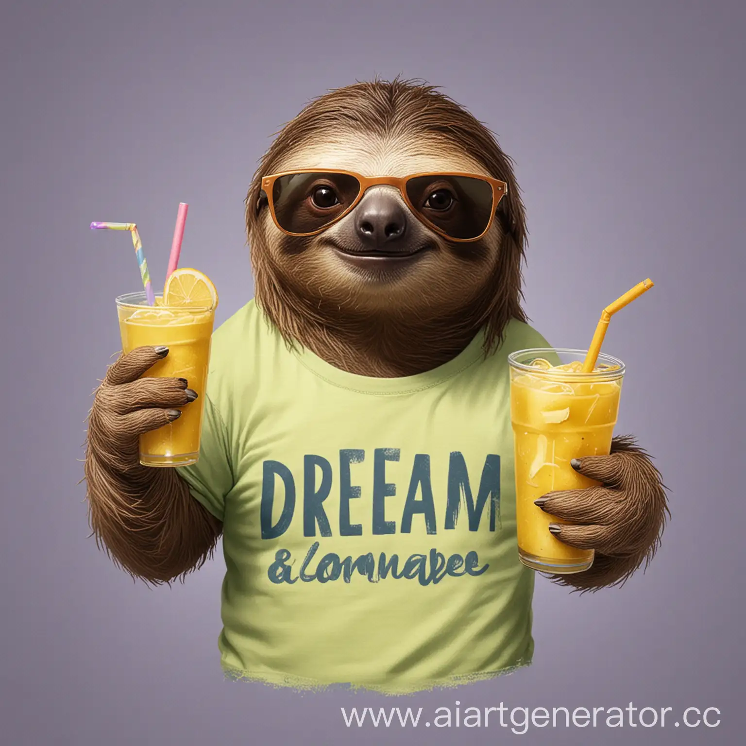 ленивец в солнечных очках и в футболке с надписью работа мечты держит в руках лимонад 