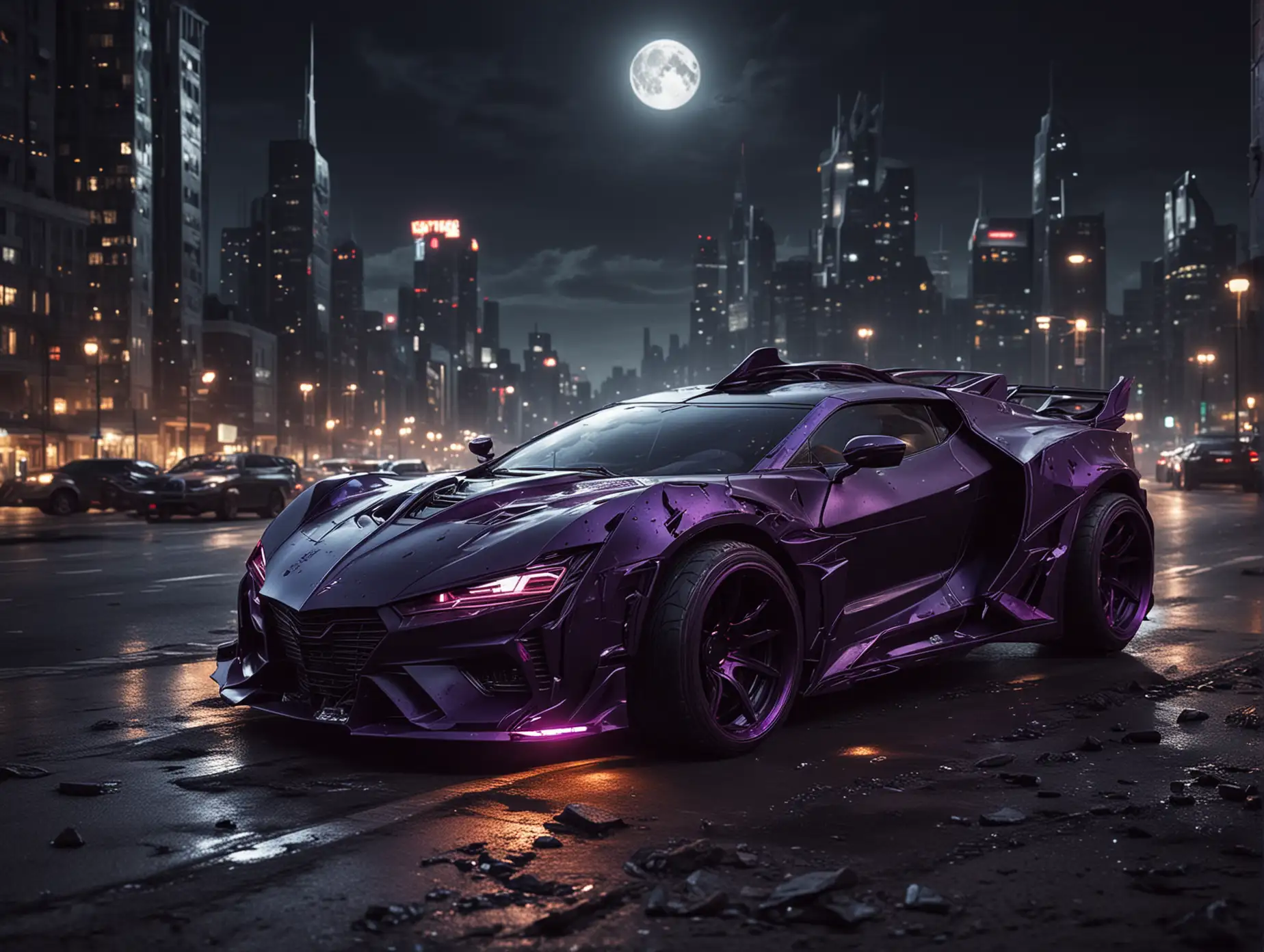 Create  futuristic sports cars from  lion, tiger, batman & spiderman evil tuning type Downhill in city on moon view from moon to see Earth  rear view from high far away,  car color dark black,  dark violet car lights