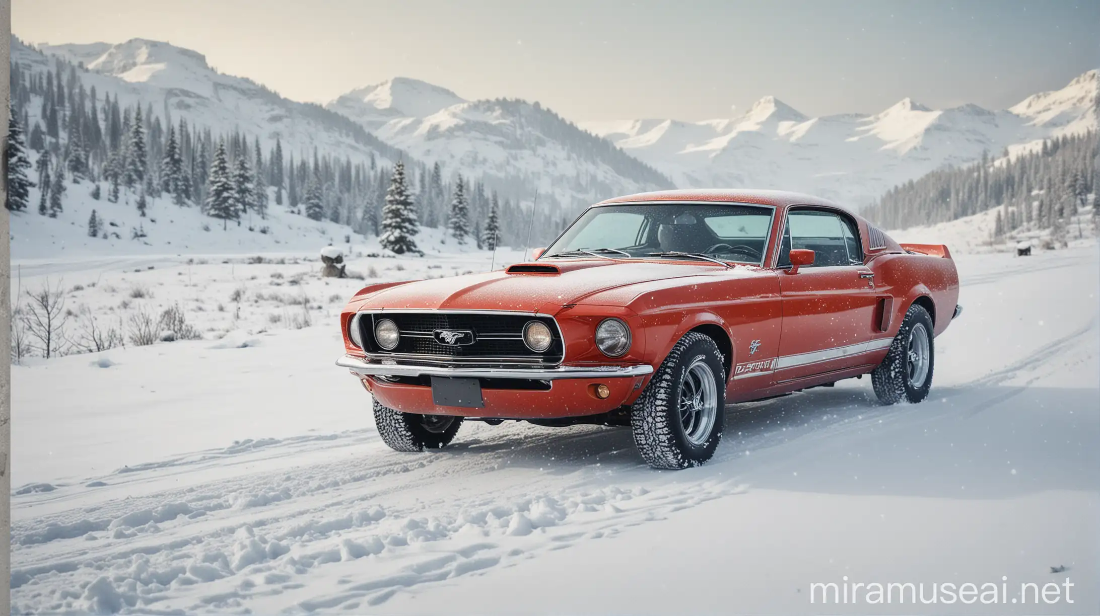 This is a picture made in flat design style. The size of the picture is 50 cm x 70 cm, orientation is portrait. In the center of the picture is a Ford Mustang 1969, which is going through a snowy landscape.