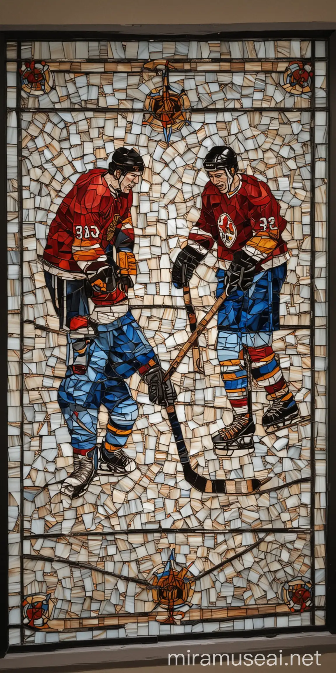 Stained Glass Mosaic Hockey Players in Action