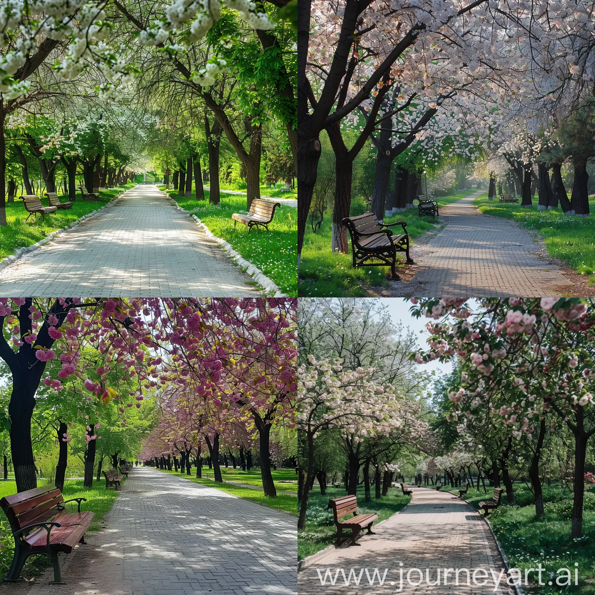 Summer-Park-with-Blooming-Trees-and-Stone-Pathway