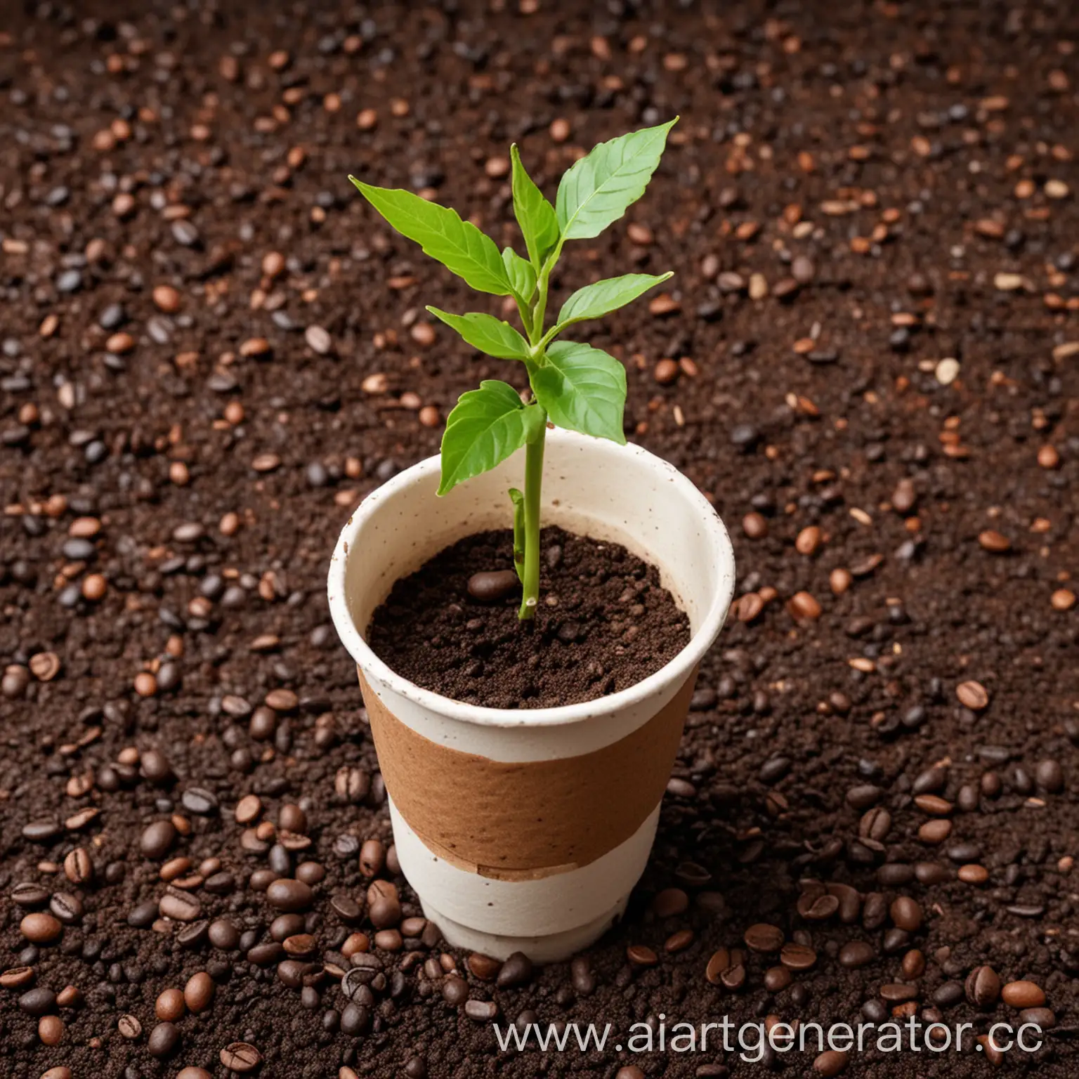 Одноразовый стаканчик для кофе с семенами растений внутри. После использования его можно посадить в землю, и из него вырастет растение. Стакан изготовлен из биоразлагаемого материала.