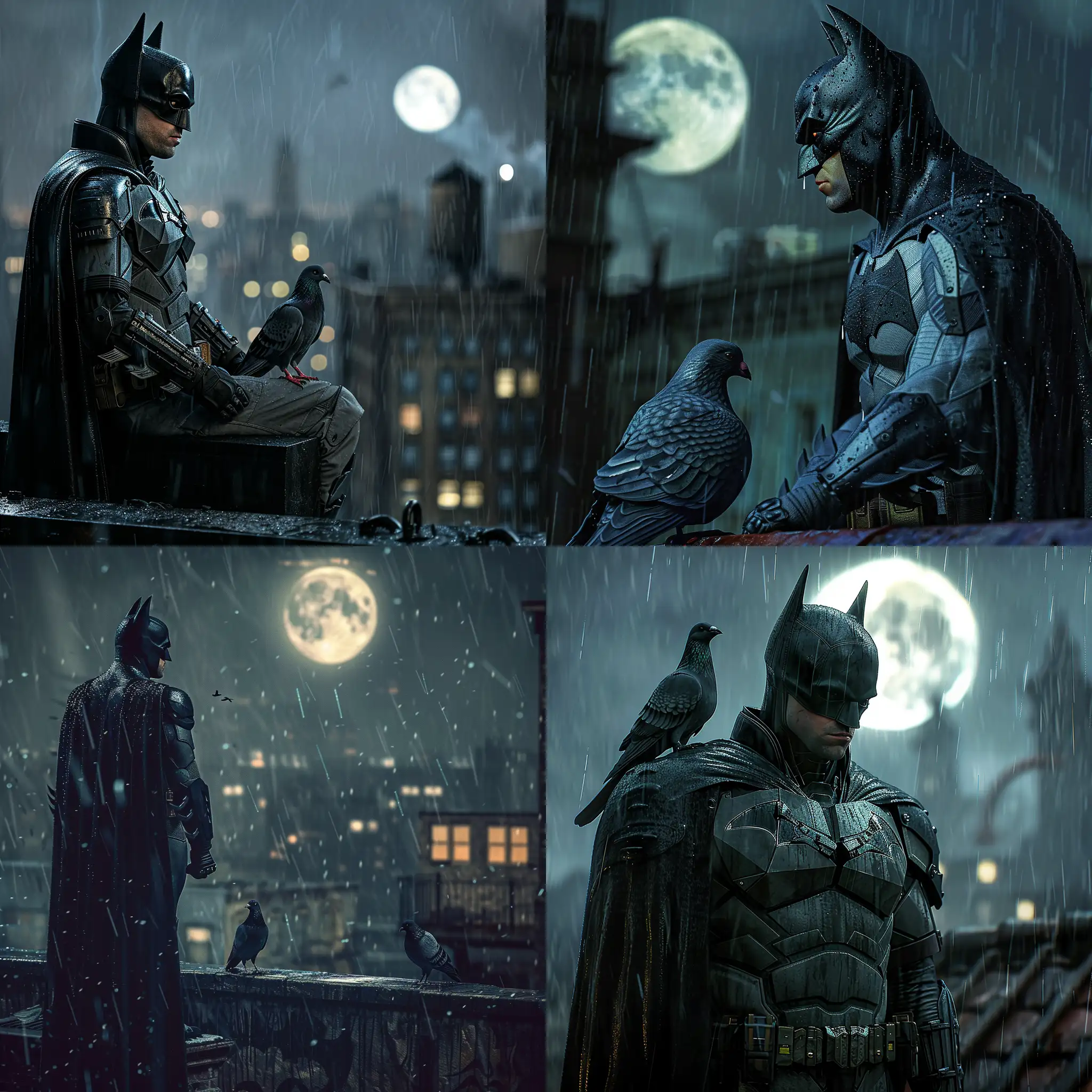 Batman at night in the rain looking heroic on rooftop with pigeon on his shoulder, and a full moon in background, cinematic