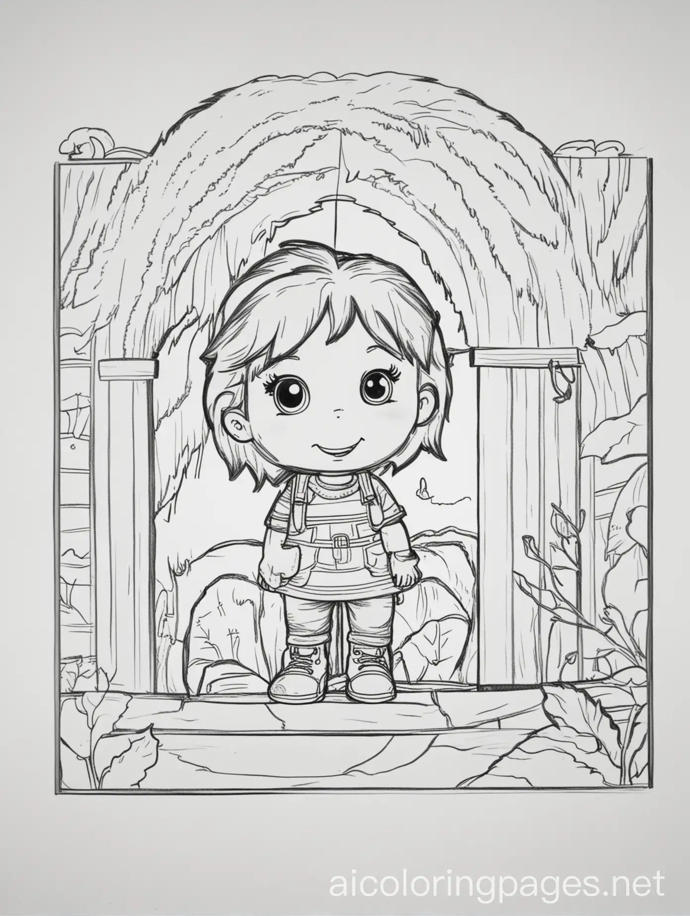 Hide and Seek kids, playing , Coloring Page, black and white, line art, white background, Simplicity, Ample White Space. The background of the coloring page is plain white to make it easy for young children to color within the lines. The outlines of all the subjects are easy to distinguish, making it simple for kids to color without too much difficulty