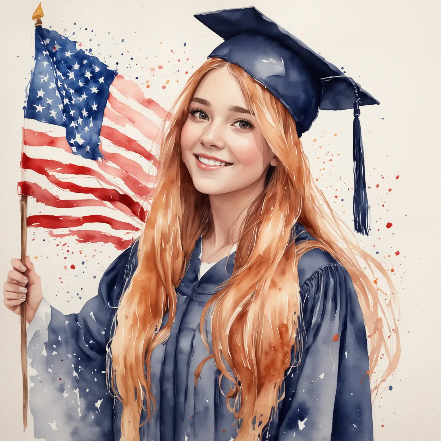 a girl with long hair graduating in the USA, with watercolor