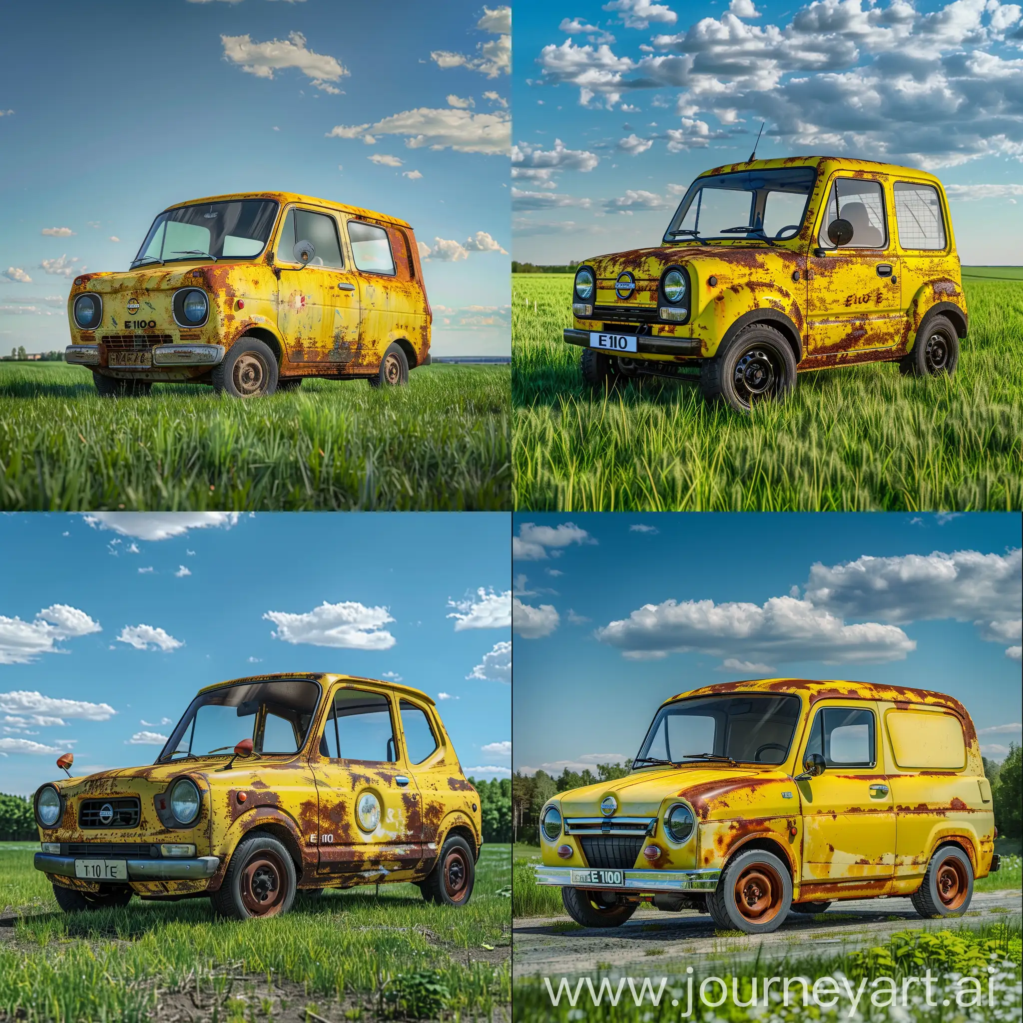 Yellow-Rusty-Nissan-Cherry-E10-in-Moscow-with-Beautiful-Green-Grass-Under-Blue-Sky