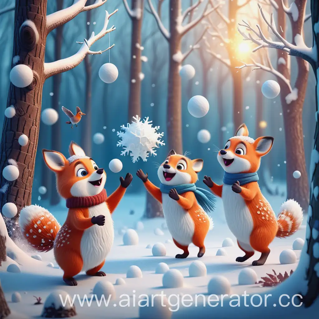 веселые звери зимой играют в снежки в волшебном зимнем лесу, сказочный стиль, 8k