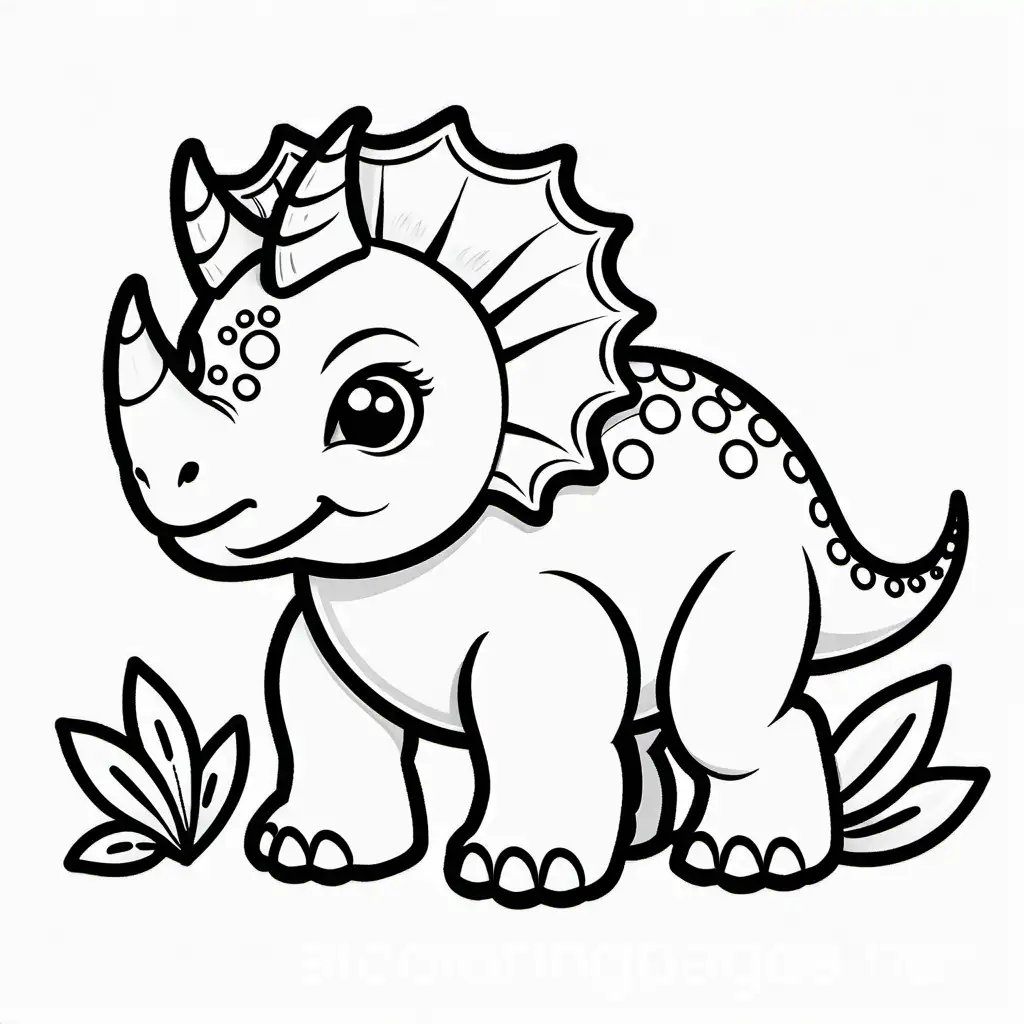 Baby triceratops, Coloring Page, black and white, line art, white background, Simplicity, Ample White Space. The background of the coloring page is plain white to make it easy for young children to color within the lines. The outlines of all the subjects are easy to distinguish, making it simple for kids to color without too much difficulty