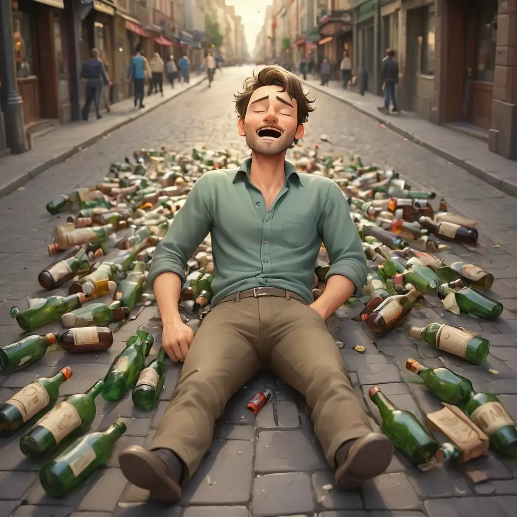 Intoxicated-Cartoon-Man-Resting-Amidst-Bustling-Street-Crowd