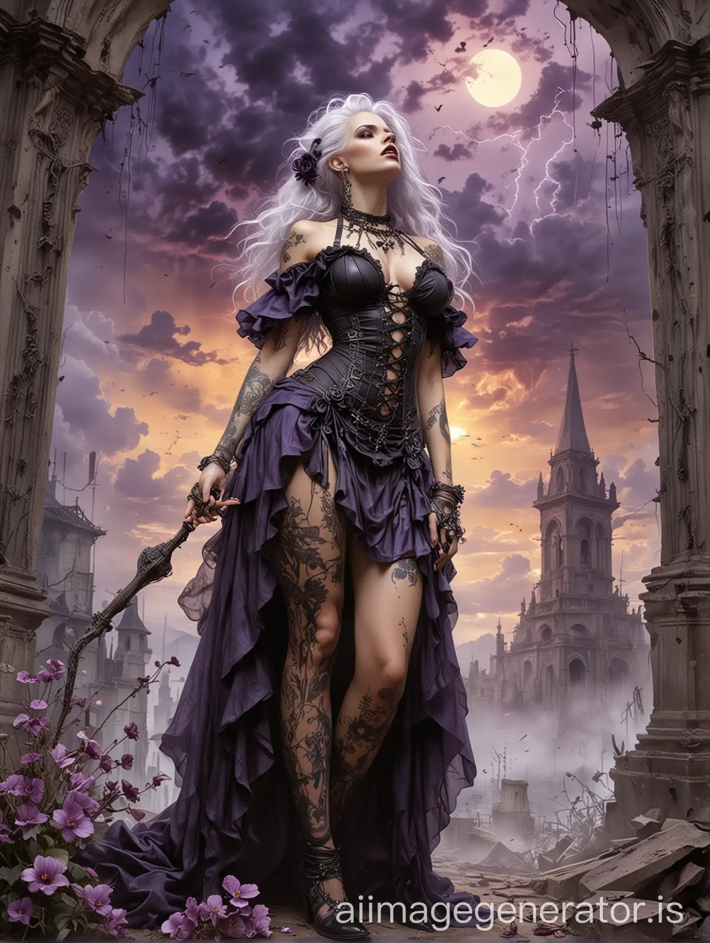 luis royo art style, ruins background, art deco, witch woman in a see through purple raggedy edwardian dress, sultry, flowers at her feet, three colors, dark colors, looking up, tattoo on her legs, tattoo on her arms, tattoo on her chest, purple, angry, white hair, yellow sky with lightnings, backlight, woman wearing leather brown boots