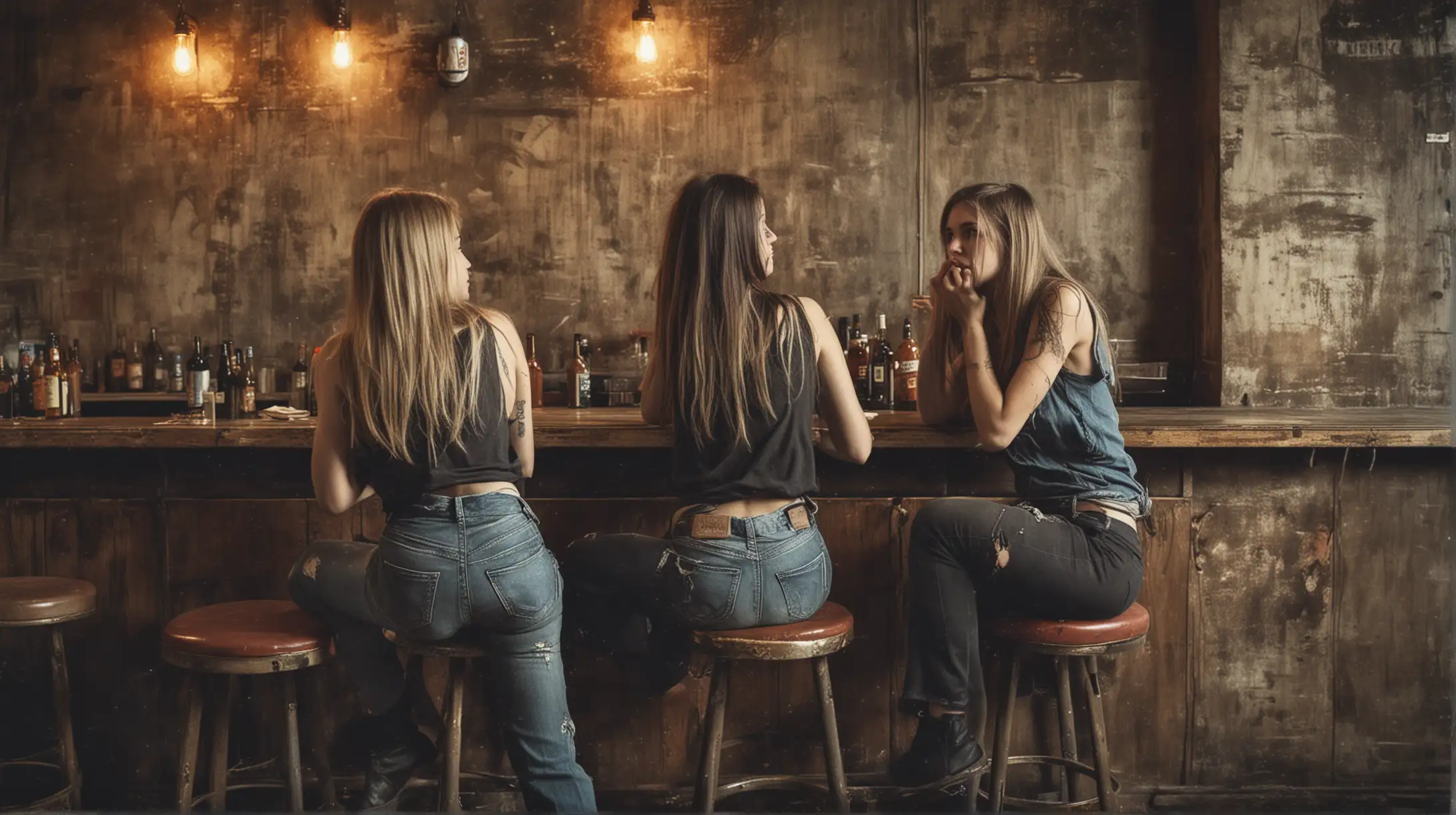 Group of Women Conversing in Urban Grunge Bar Setting