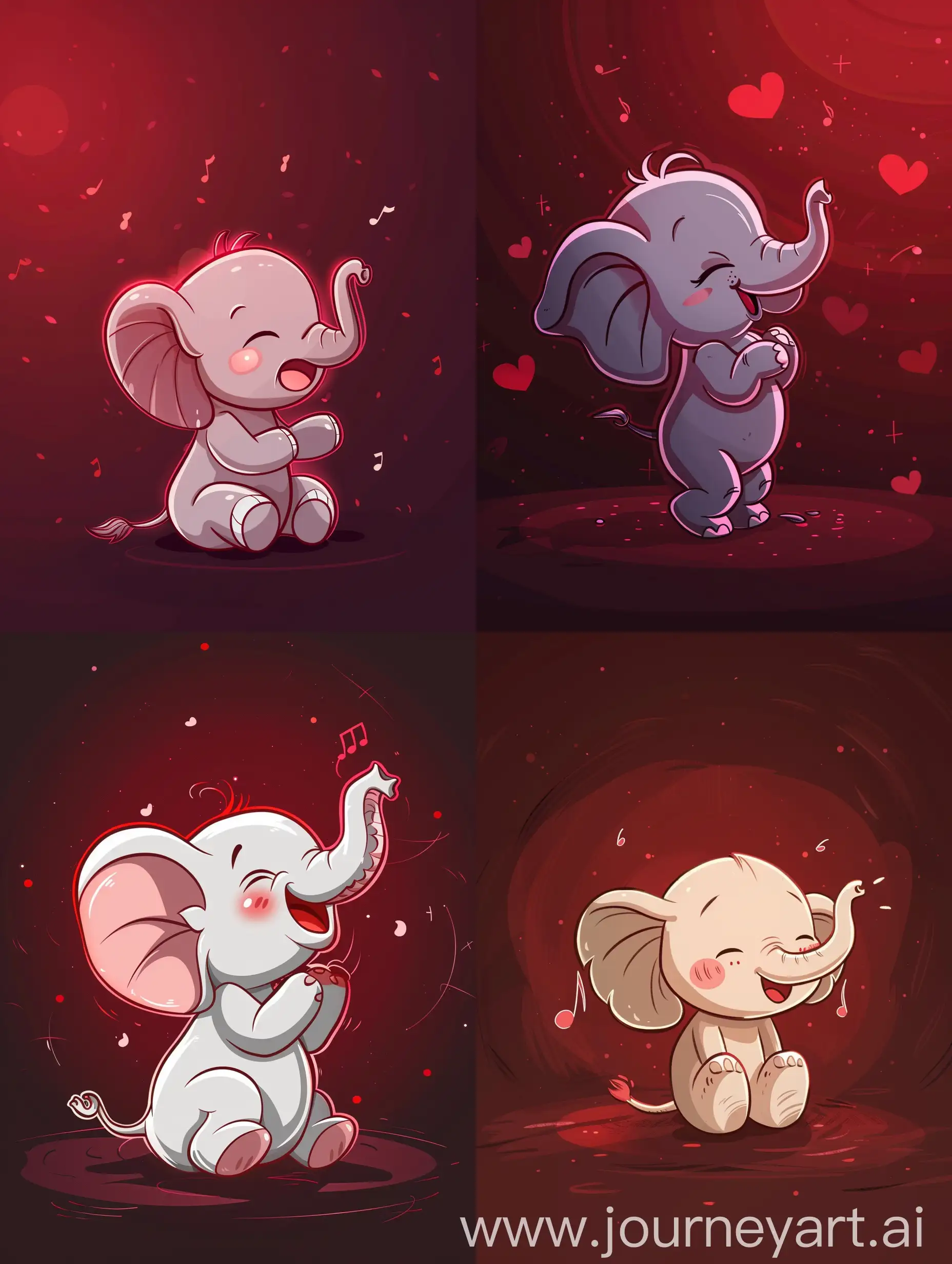 thin line style chibi cute elephant singing, with solid dark red background, small object and center concentrated image, far view point
