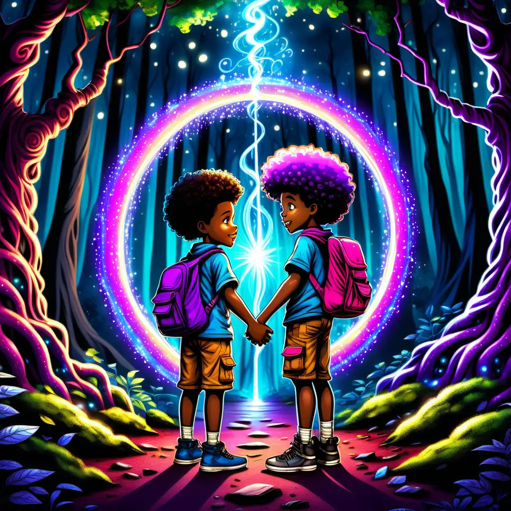 cartoon Two young African American boys with big curly afros, ages 3 and 6, standing in front of a glowing magical portal in a forest. The portal is swirling with vibrant colors like blue, purple, and pink. The boys are holding hands, dressed in adventurous outfits with backpacks. The scene is whimsical and enchanting, with sparkles and fairy lights around the portal. Digital art, vibrant colors, and magical atmosphere
