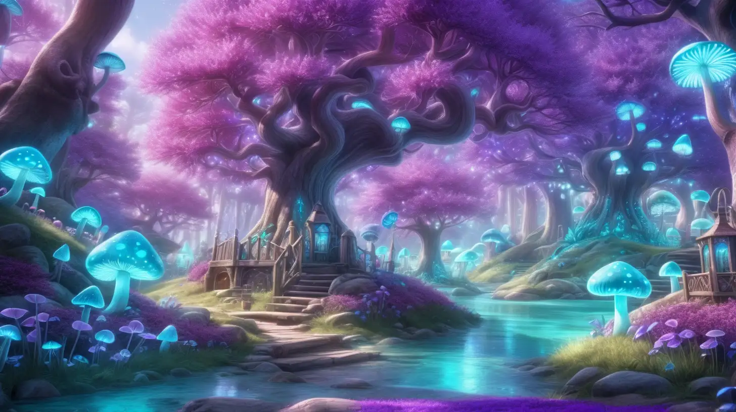 Forest of Bright royal-green and blue big, flower trees, purple, pink surrounded in turquoise dust. Bright-purple-river. Daylight, 8k, fairytale mushrooms, glowing. Magical, fantasy and potions and vintage lanterns and florescent ice and bookshelf