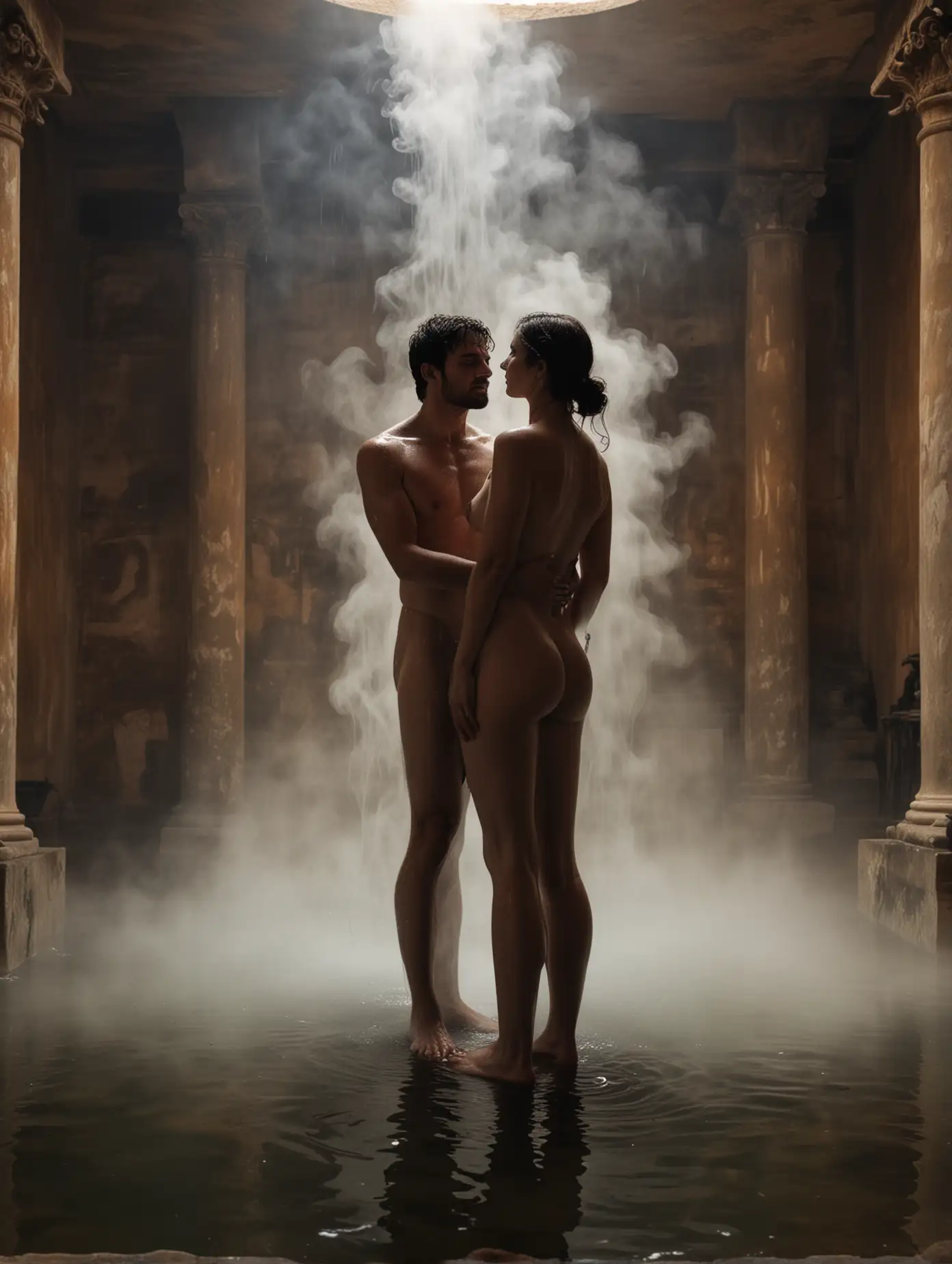 Romantic Invitation in Roman Bath Naked Couple Amidst Steamy Night | AI  Image Generator