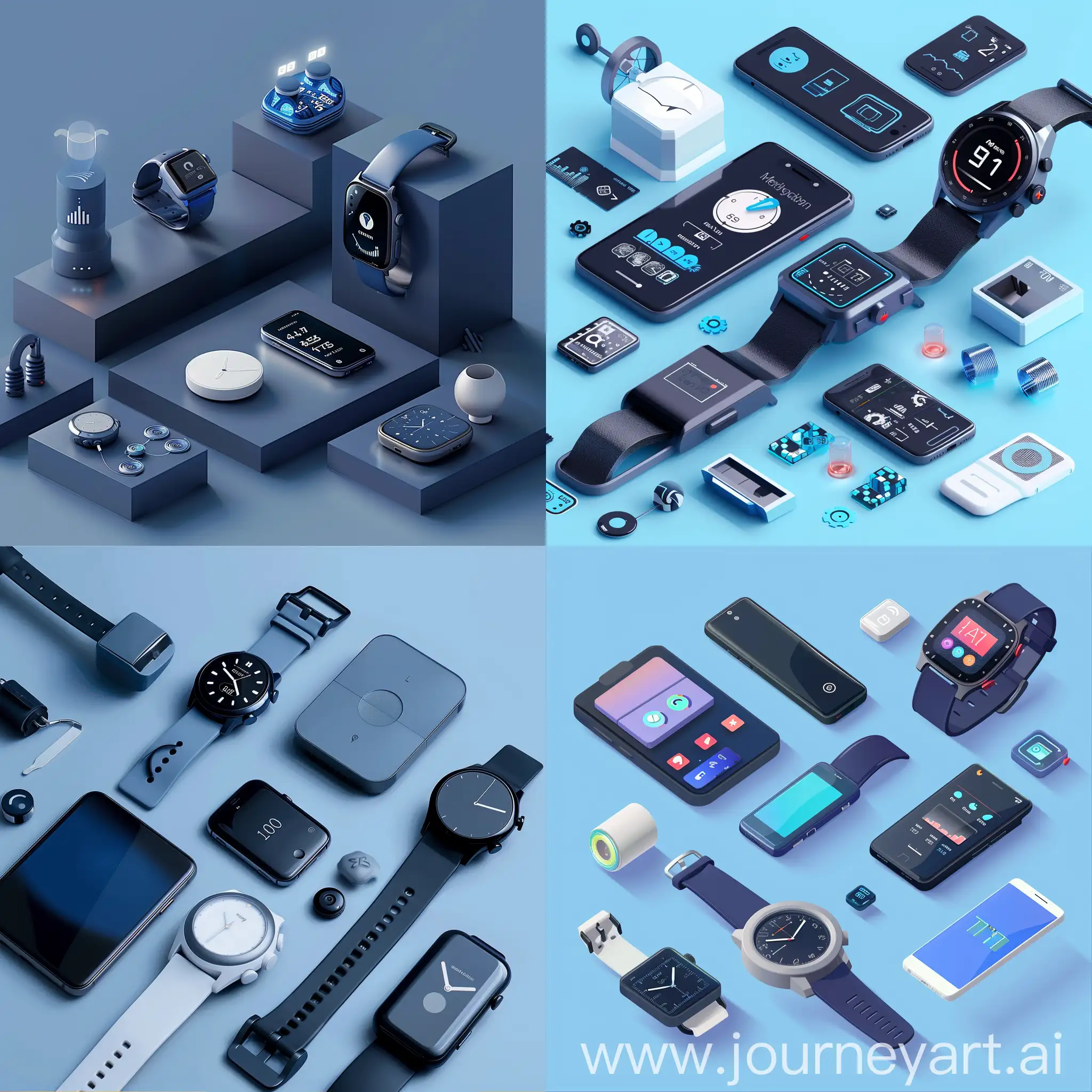 Make smart gadgets like smart watch, mobile and other smart gadgets like a paste volume which is minimal, site banner, blue background, fantasy ، vide
