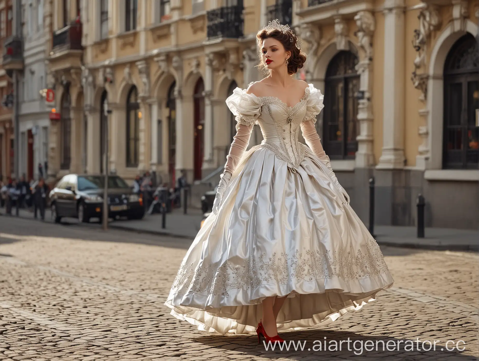 Luxurious-Empress-in-Shimmering-Dress-and-Steel-Corset-Strolling-Through-Sunny-City