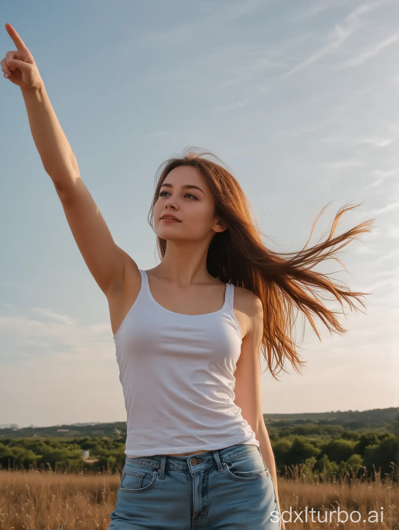 young woman, long brown hair, slim body, small breasted, wearing white tank top, one hand points to the sky