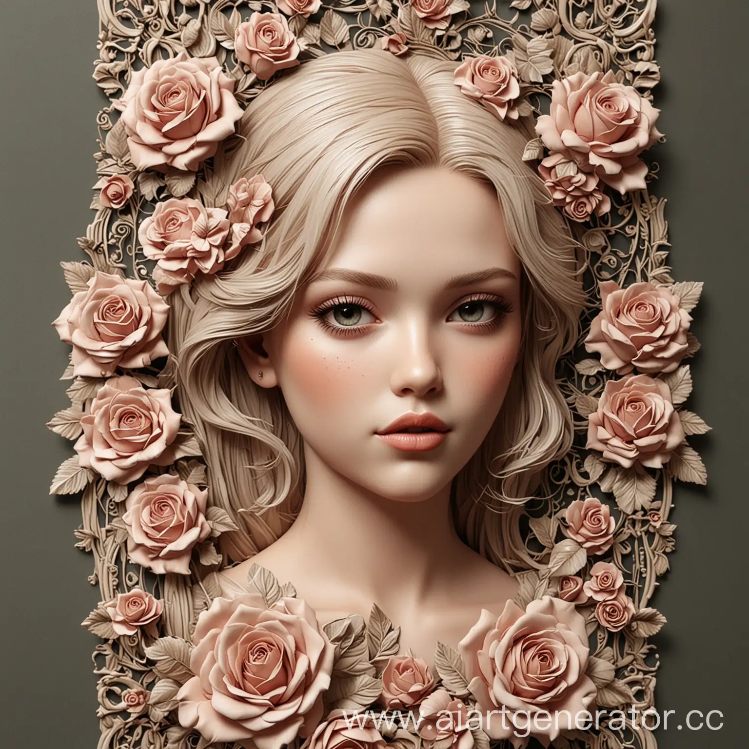 вокруг этой девушки создать орнамент  из узоров и цветков роз  в Формат е 2D. размером 120 мм на 600 мм. Сходство с портретом 100% 
