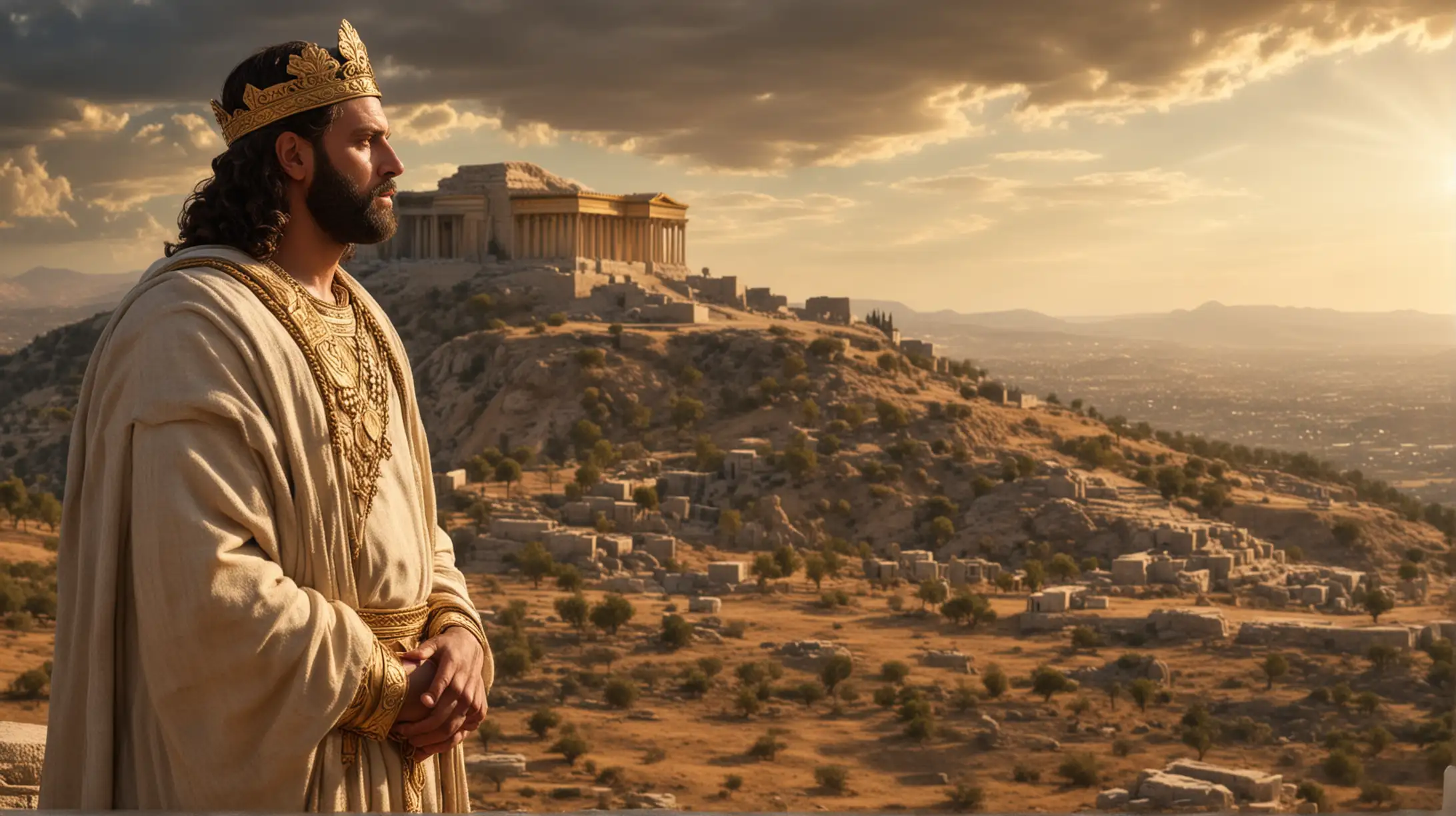 A 40 year old handsome Biblical King Solomon speaking to God on a hill. In the background you can see a Temple. Set during the biblical era of King Solomon.