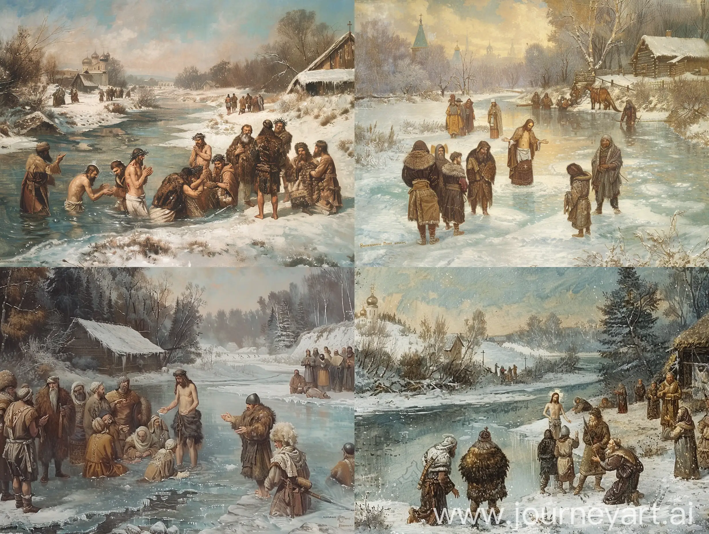 Baptism in Frozen Russian River: "Christ being baptized in a frozen river of medieval Russia, surrounded by figures in heavy furs and woolen garments, with the serene winter landscape adding to the solemnity." based in Anatoly Timofeevich Fomenko e Gleb Vladimirovich Nosovsk books