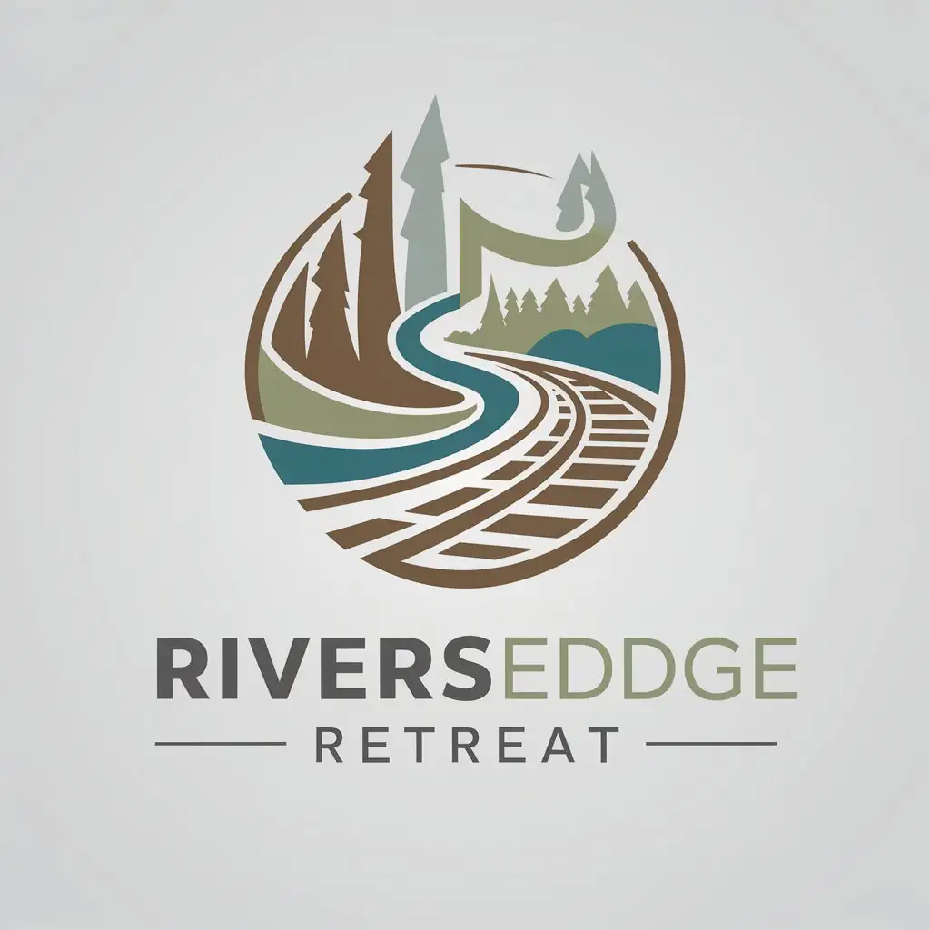 a logo design,with the text "RiversEdge Retreat", main symbol:create clean and an engaging logo for my Airbnb, It's situated in a serene wooded area along a river, adjacent to a railroad track. Key requirements include: - Combining elements of nature, a river, wooded surroundings, and a railroad track into the design. - Creating a logo that conveys a sense of peace and relaxation, reflecting the retreat's setting. Please suggest color schemes and styles you think would work well. don't explain, don't concept, not need any concept, not need any explain.,Moderate,be used in Airbnb industry,clear background