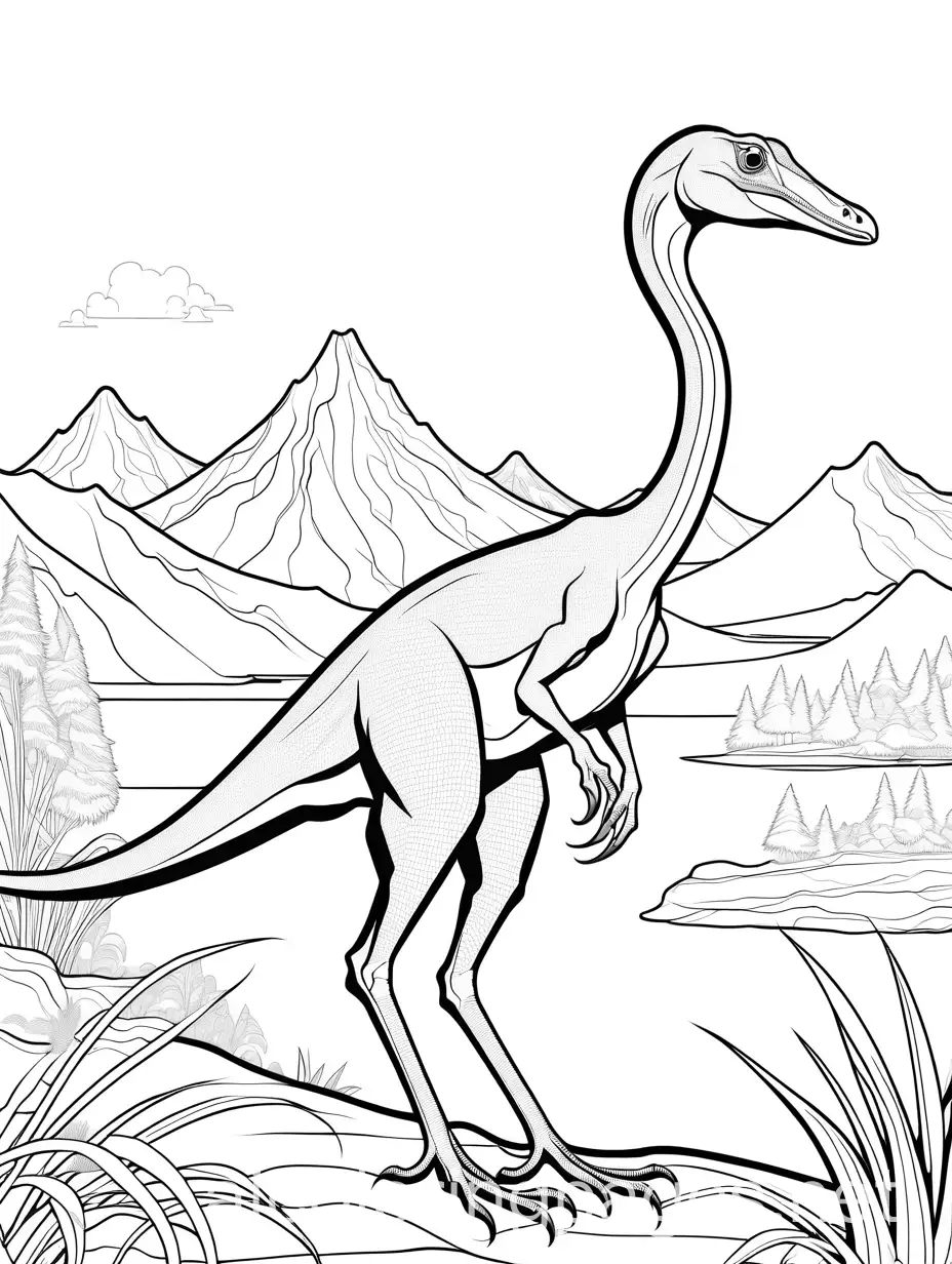 a Compsognathus with landscape behind it, Coloring Page, black and white, line art, white background, Simplicity, Ample White Space