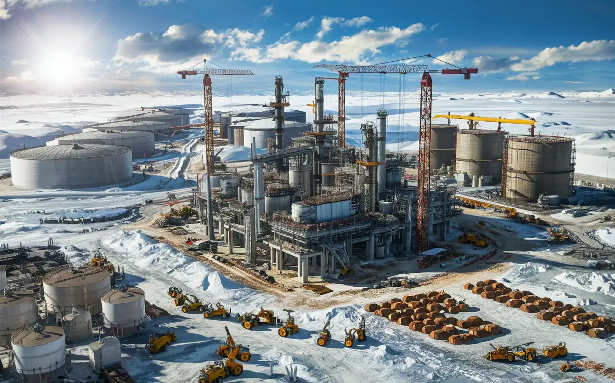 Massive Oil Refineries Construction in the Arctic Machinery and Cranes in Bright Daylight