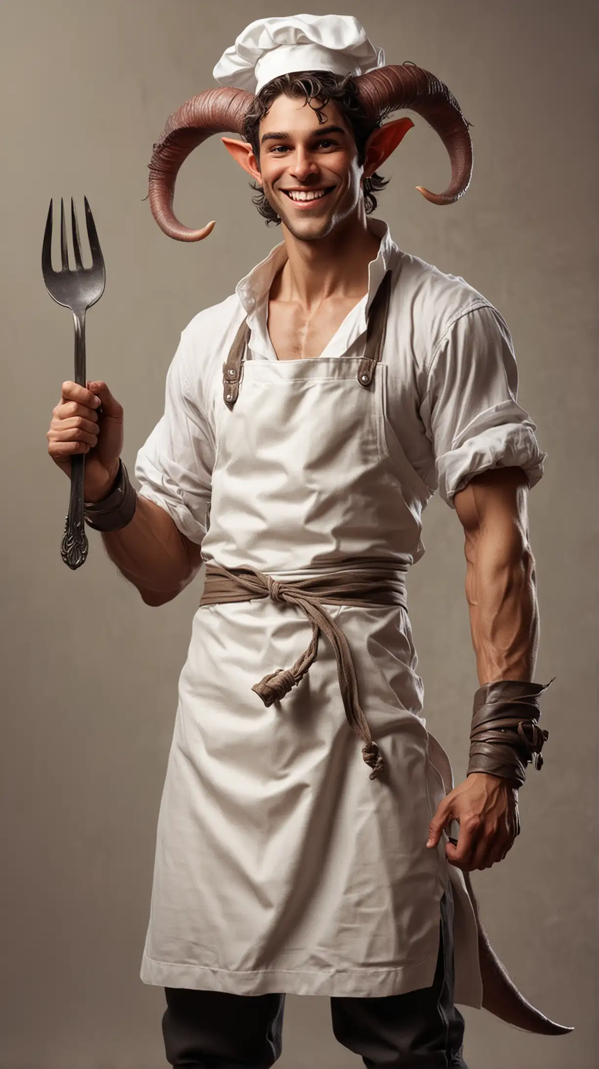 Tiny tiefling handsome male, humanoid, charming, dnd, holding giant fork with his tail, wearing apron, wearing chef hat and showing abs, oiled muscular, smiling and radiating awesomenes