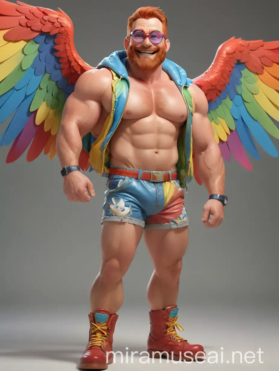 Muscular Red Head Bodybuilder Flexing in Rainbow Jacket with Eagle Wings and Doraemon Goggles