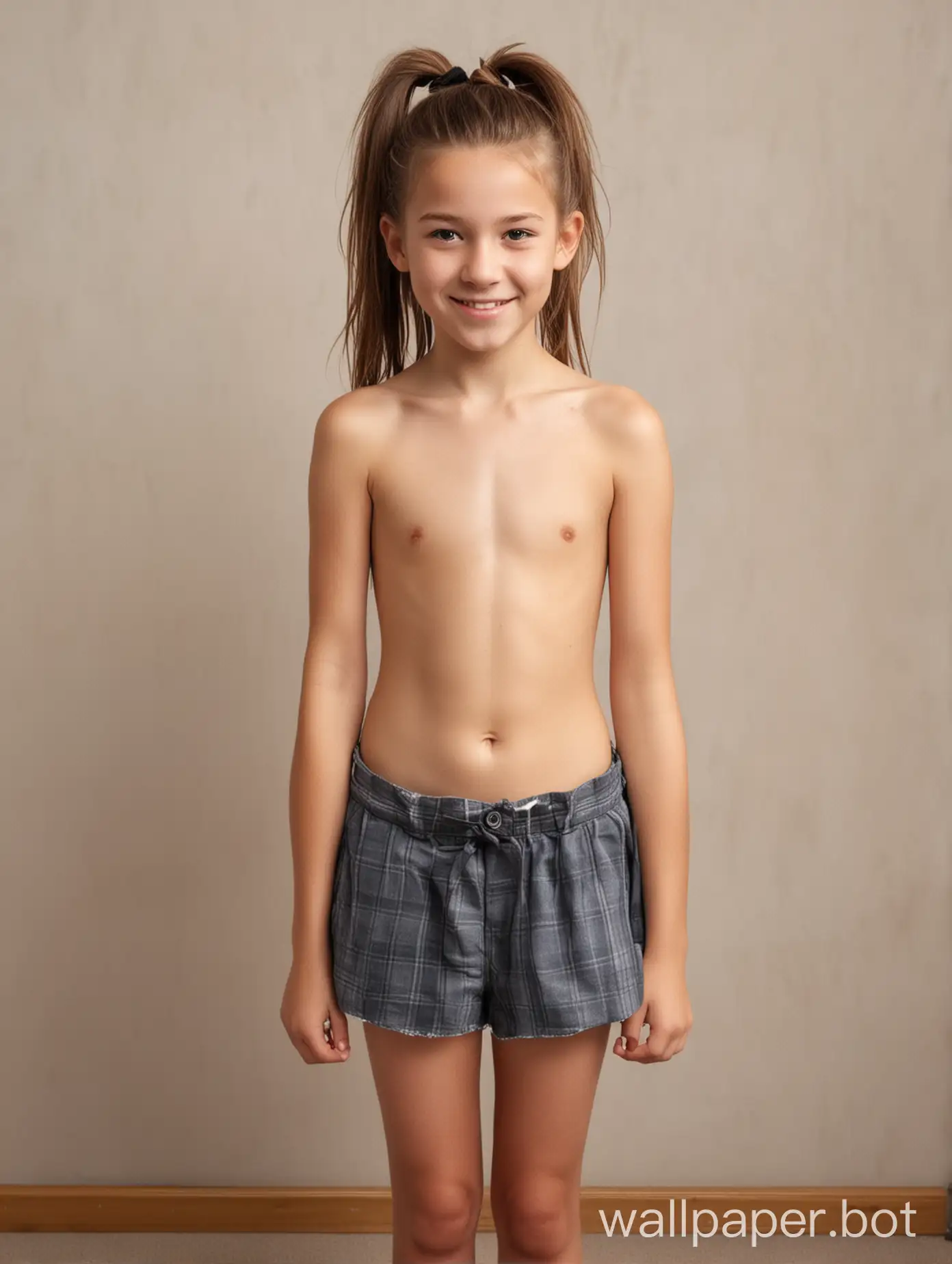 Open honest photo at school, girl without shirt 12 years old, shy smile, untidy ponytail, full length, view from the front
