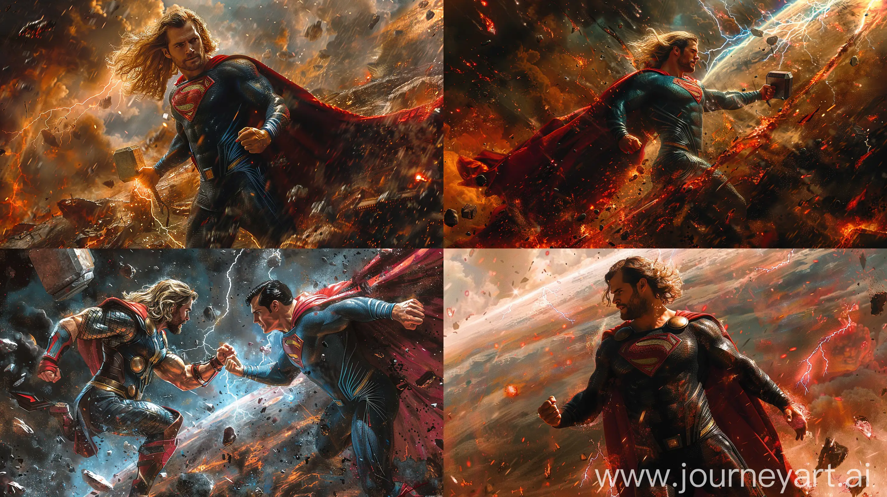 Epic battle between Marvel's Thor (Chris Hemsworth) and DC's Superman (Henry Cavill) amidst a destroyed solar system, cosmic debris, lightning vs heat vision, majestic, colossal scale, in the style of Alex Ross, high dynamic range, vibrant colors, intense expressions --ar 16:9 --s 750 --c 15 --v 6