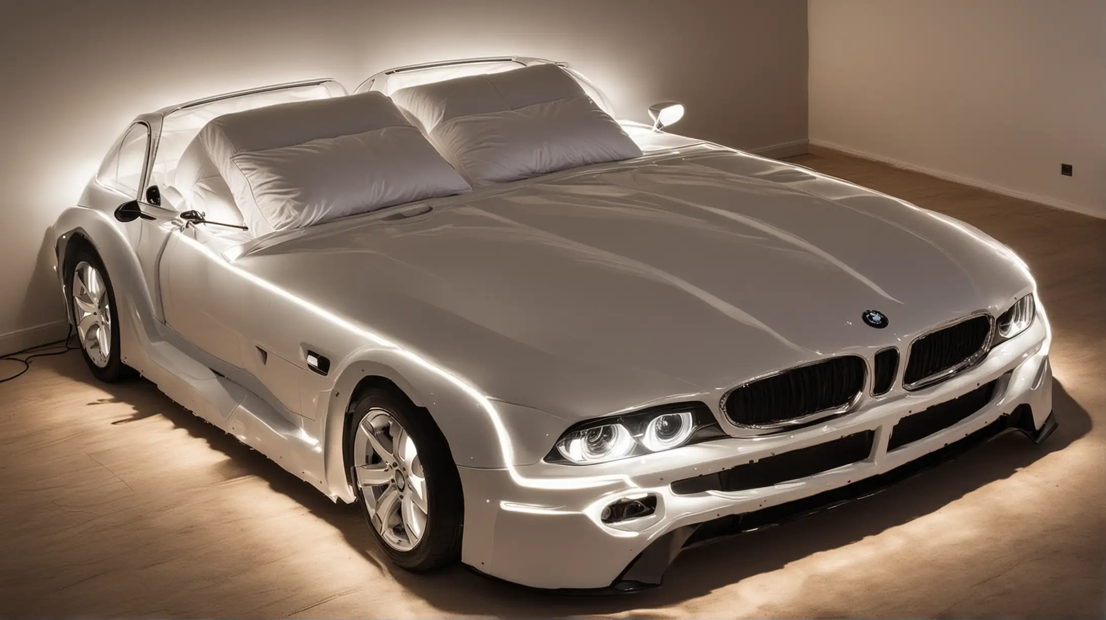 Luxury Double Bed Shaped as BMW Car with Illuminated Headlights