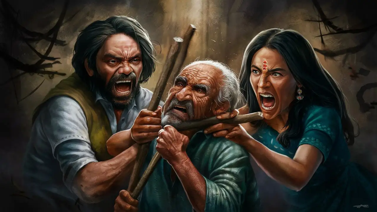 Indian woman and man beating an elderly man with sticks, dark scene, angry look
