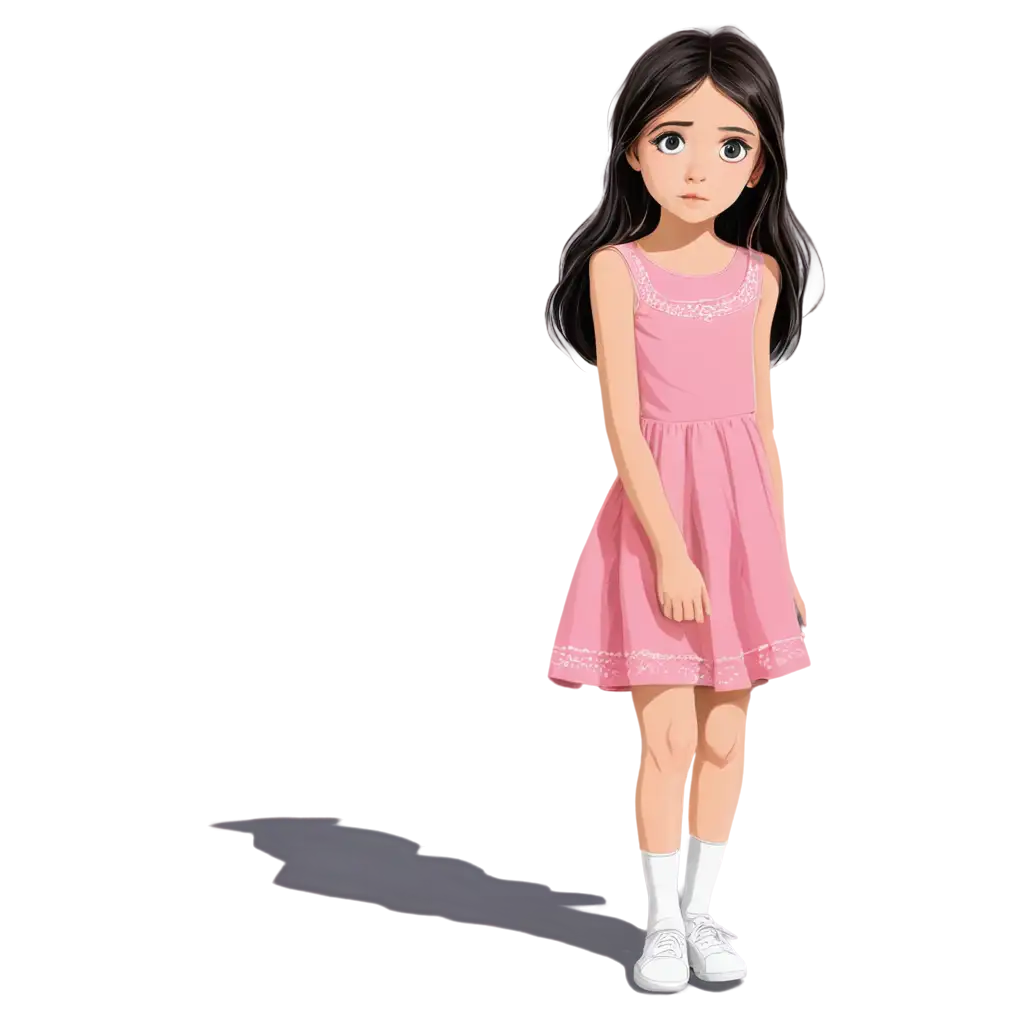 cartoon drawing: A beautiful little girl with white skin, big hazel eyes and long black hair but not too long. She sad. She is around 13 years old. She is wearing a pink dress and white shoes. She has white skin. she is crying. Make it more like a drawing and not like a photo. she is looking back at her friends