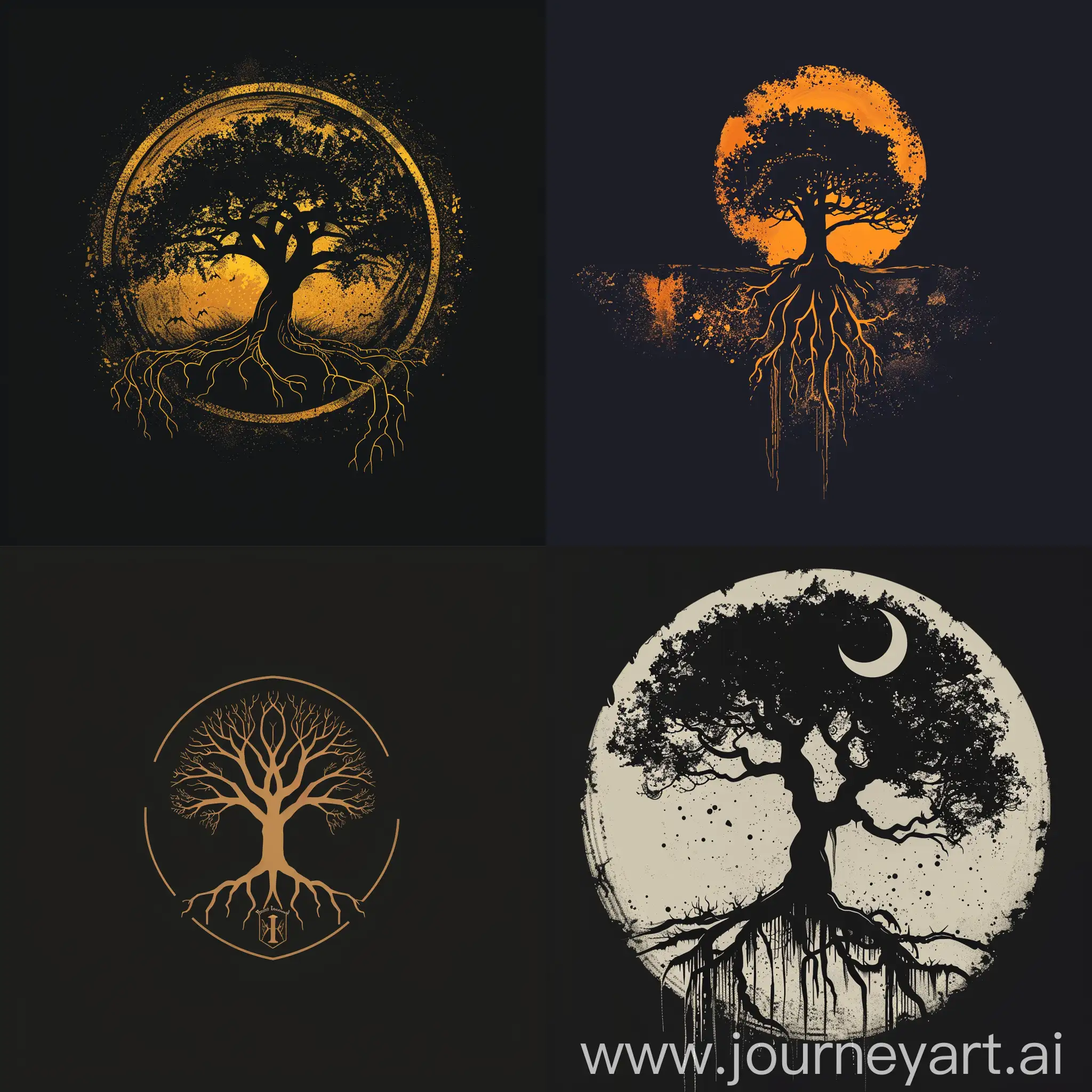 a logo with the words "Misterios da Humanidade Tv". with  a  rooted tree , make it like a dark vibe 