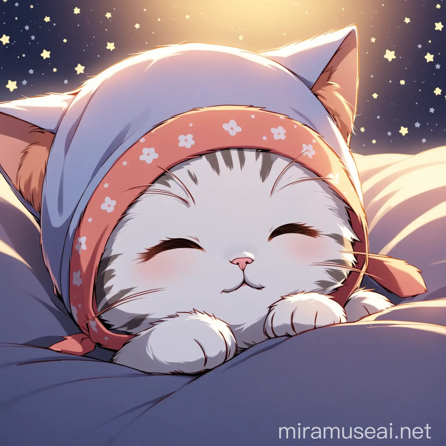 Красивый котик ложится ночью спать  в шапочке для сна