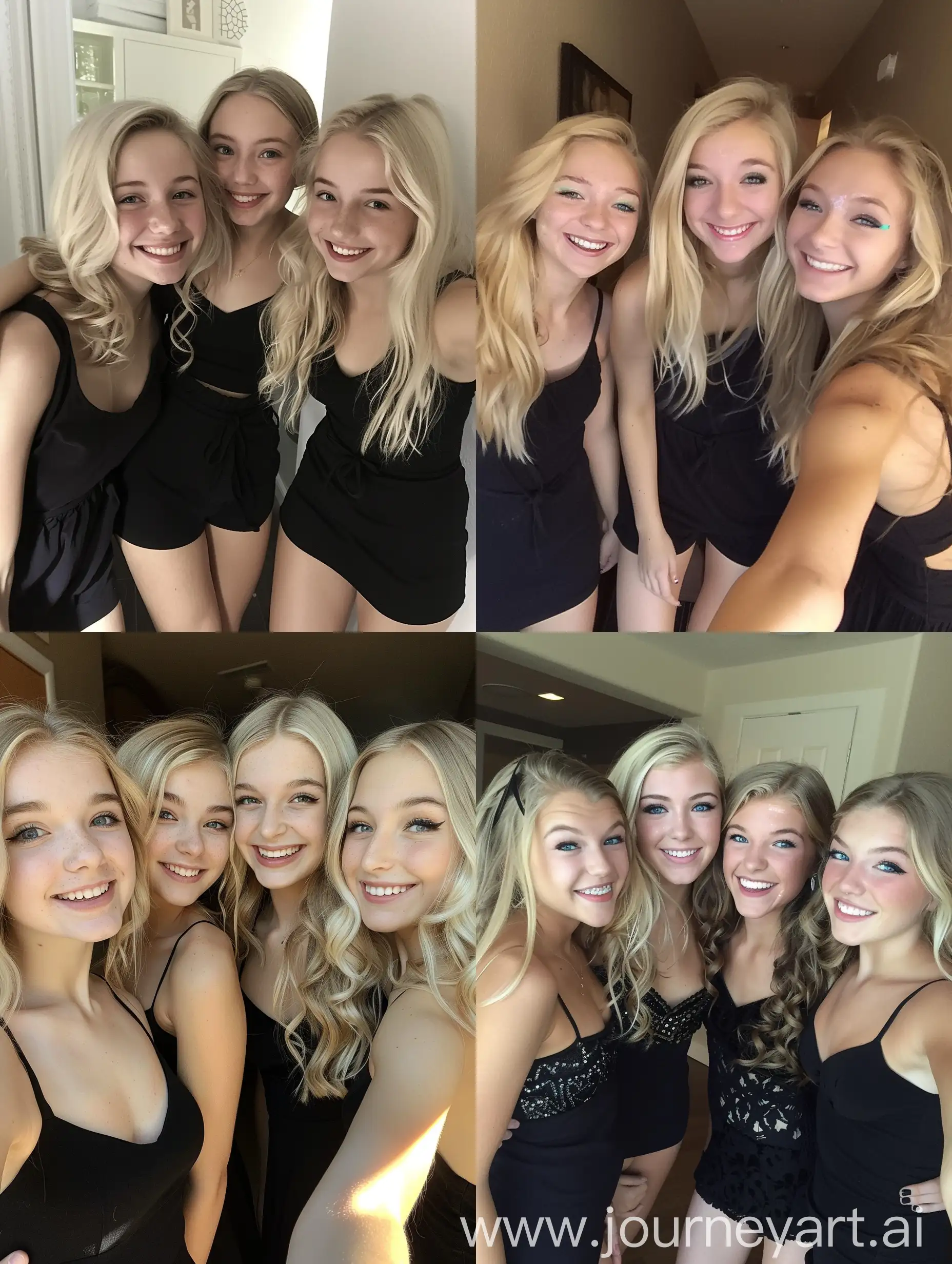 4 american girls, 19 years old, smiling, blond hair, selfie, makeup, beauty, black short dress